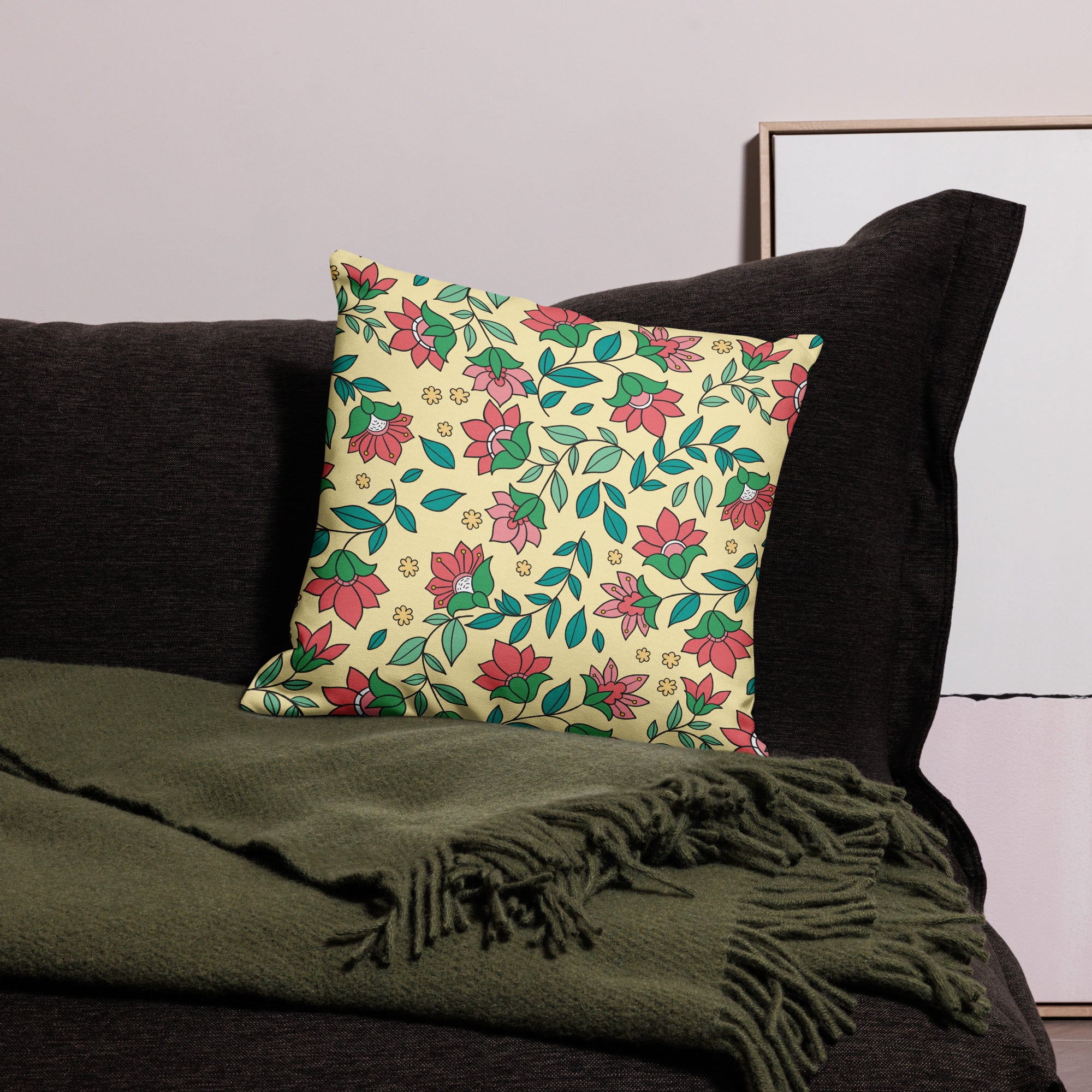 Elegant Flower And Leaves Decorative Pattern All-Over Print Premium Pillow