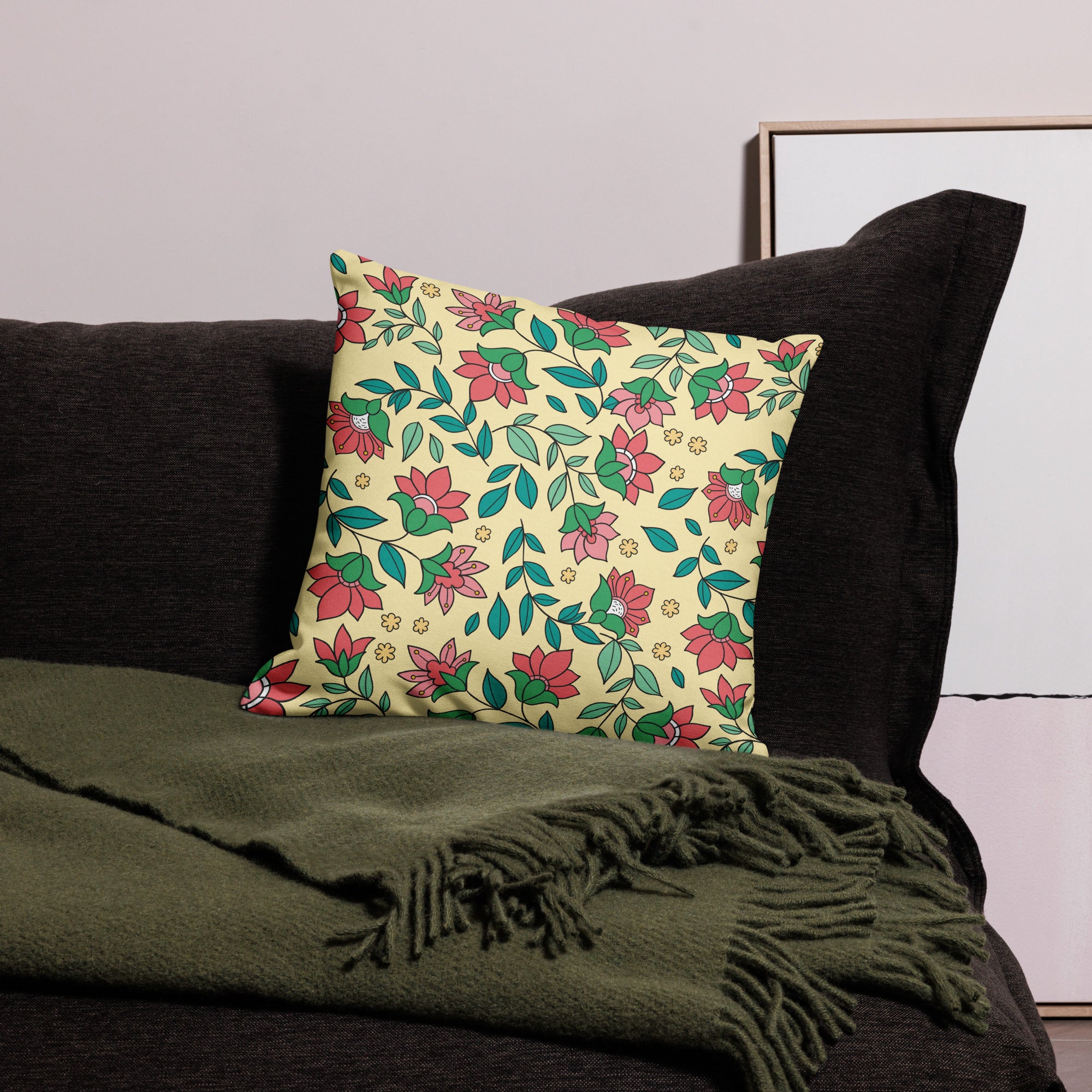 Elegant Flower And Leaves Decorative Pattern All-Over Print Premium Pillow