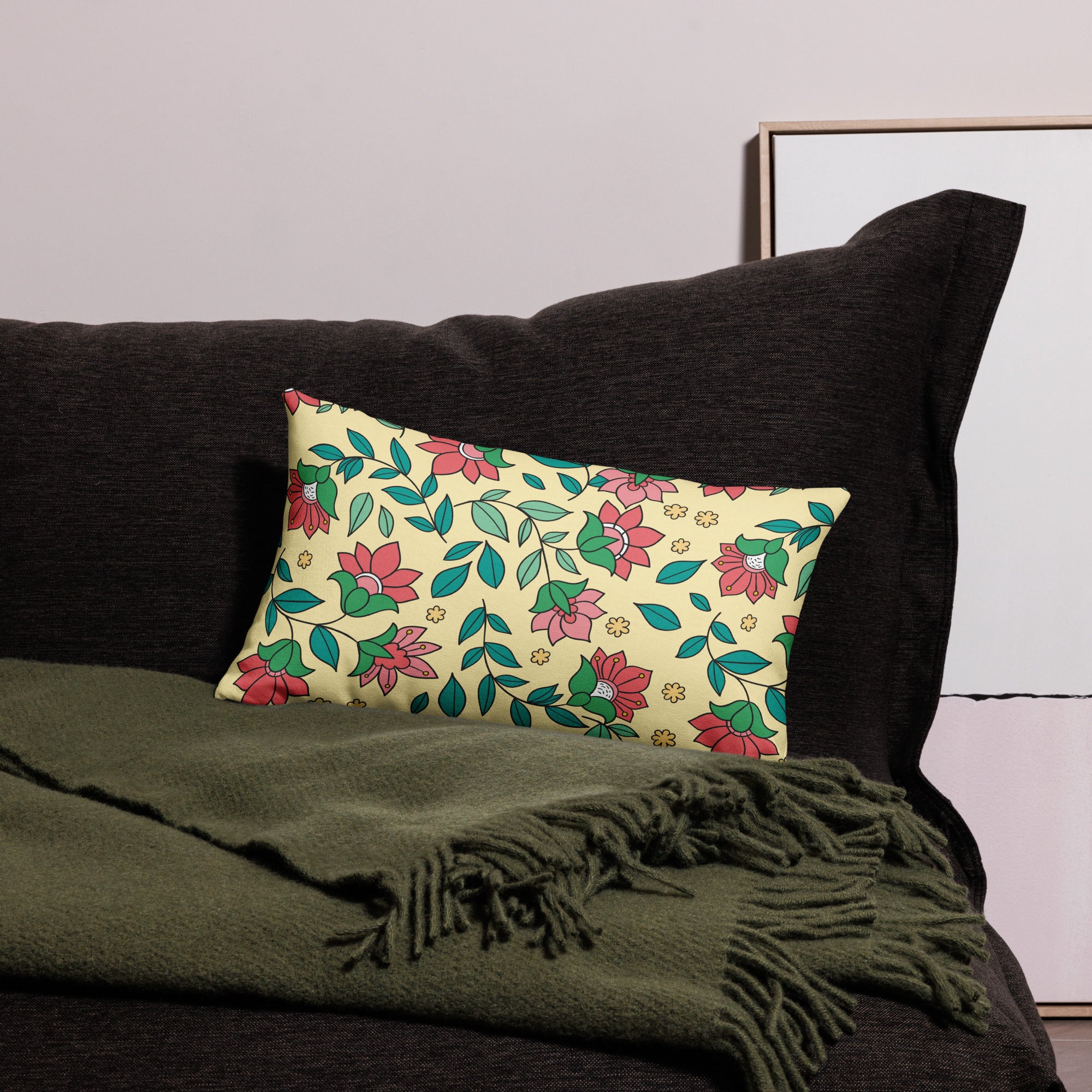 Elegant Flower And Leaves Decorative Pattern All-Over Print Premium Pillow