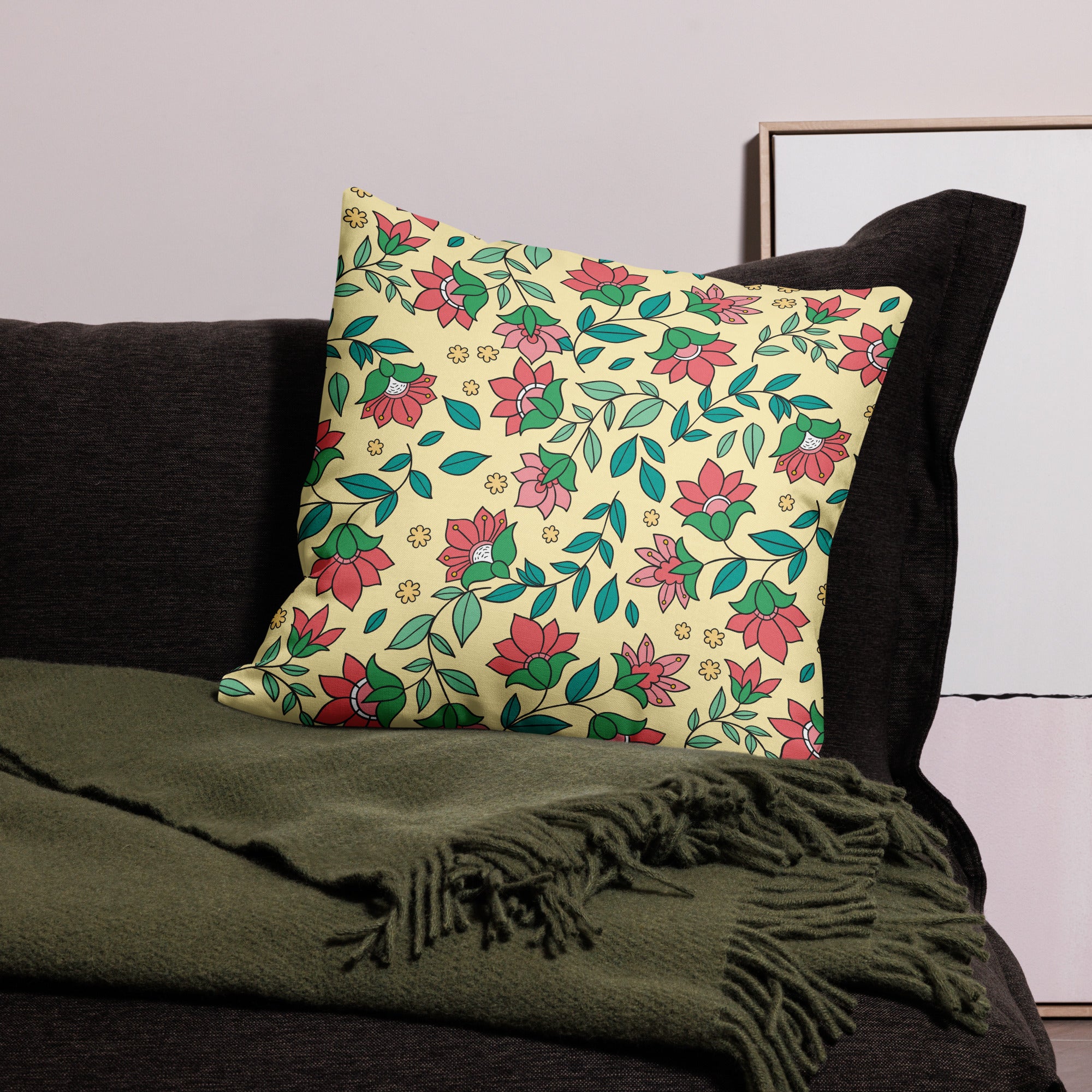 Elegant Flower And Leaves Decorative Pattern All-Over Print Premium Pillow