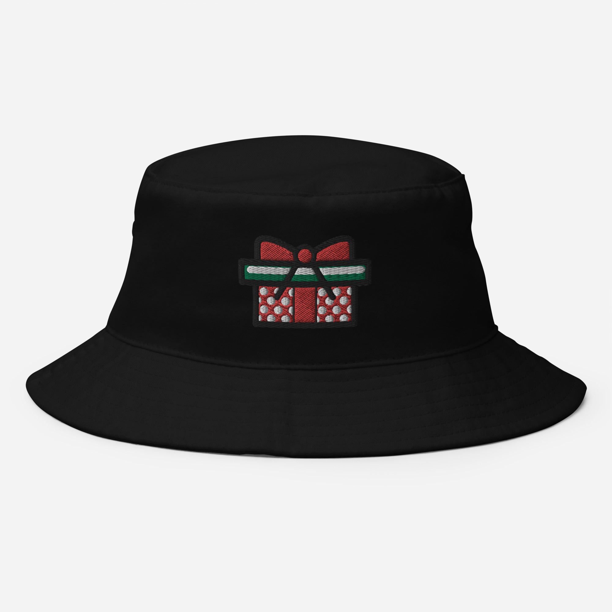 Gift Box Bucket Hat, Embroidered Christmas Bucket Hat, Handmade Xmas Festive Unisex Cotton Sun Hat