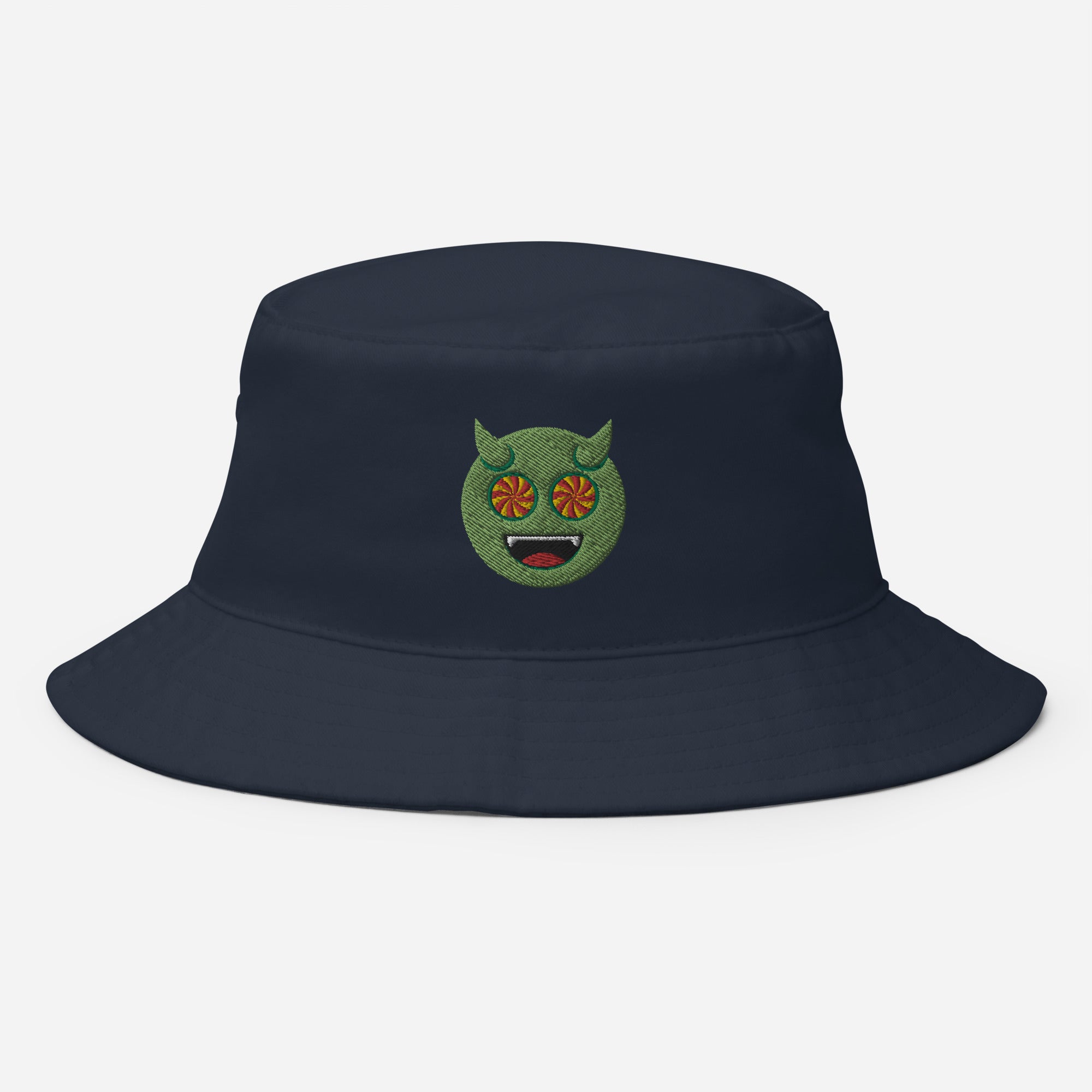 Halloween Green Evil Bucket Hat, Embroidered Evil Mouth Bucket Hat, Handmade Scary Emoji Unisex Cotton Sun Hat