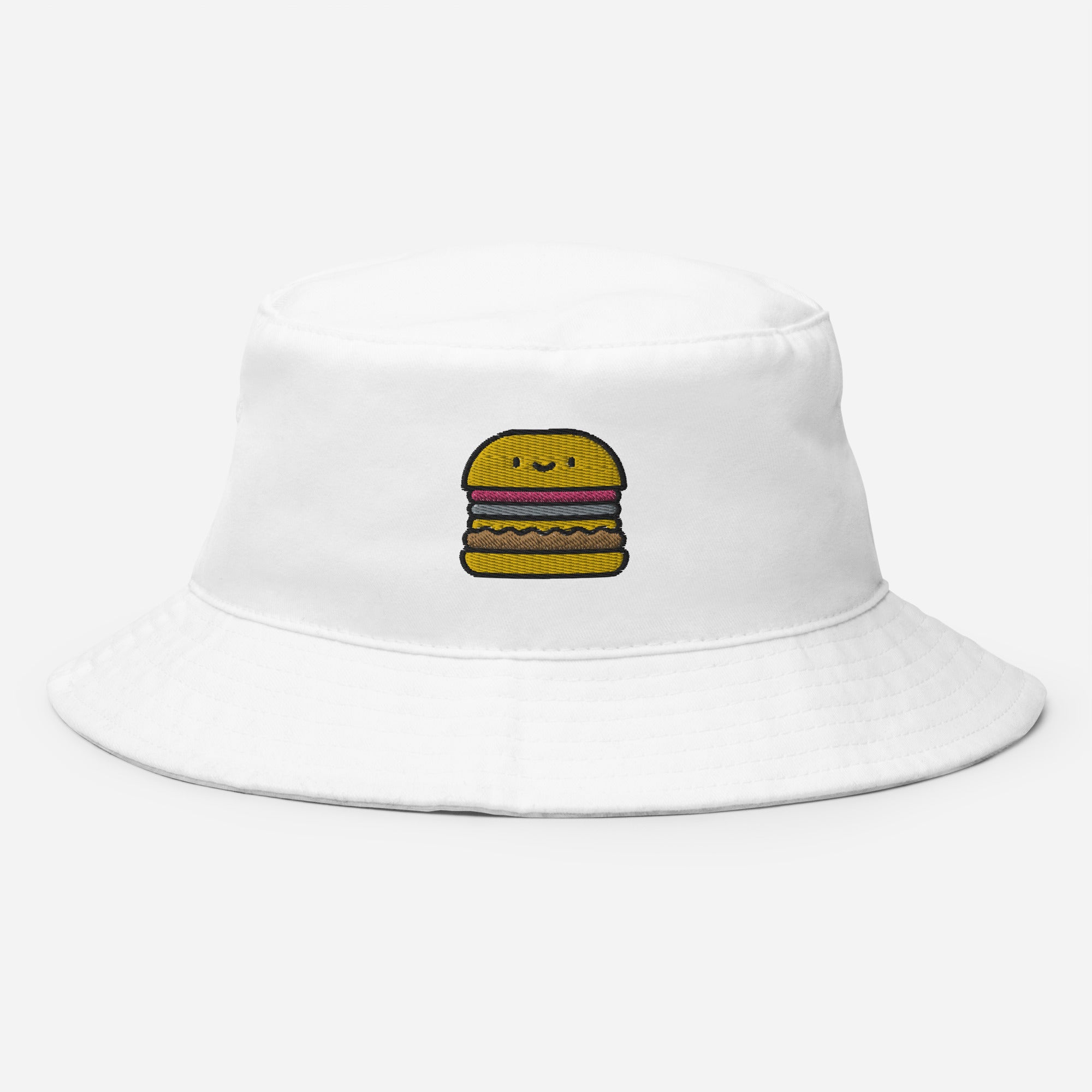 Burger Bucket Hat, Embroidered Hamburger Foodie Bucket Hat, Handmade Fast Food Unisex Cotton Sun Hat