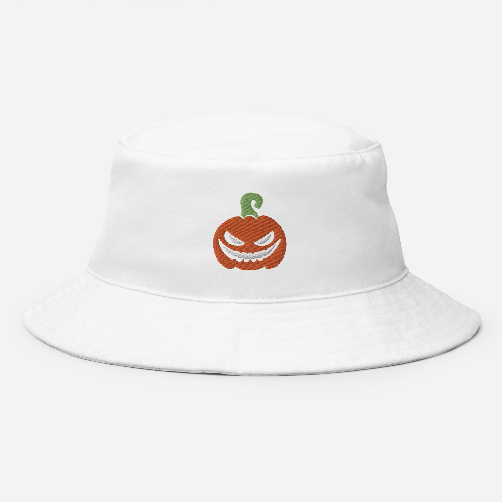 Halloween Pumpkin Bucket Hat, Embroidered Evil Face Pumpkin Bucket Hat, Handmade Horror Scary Unisex Cotton Sun Hat