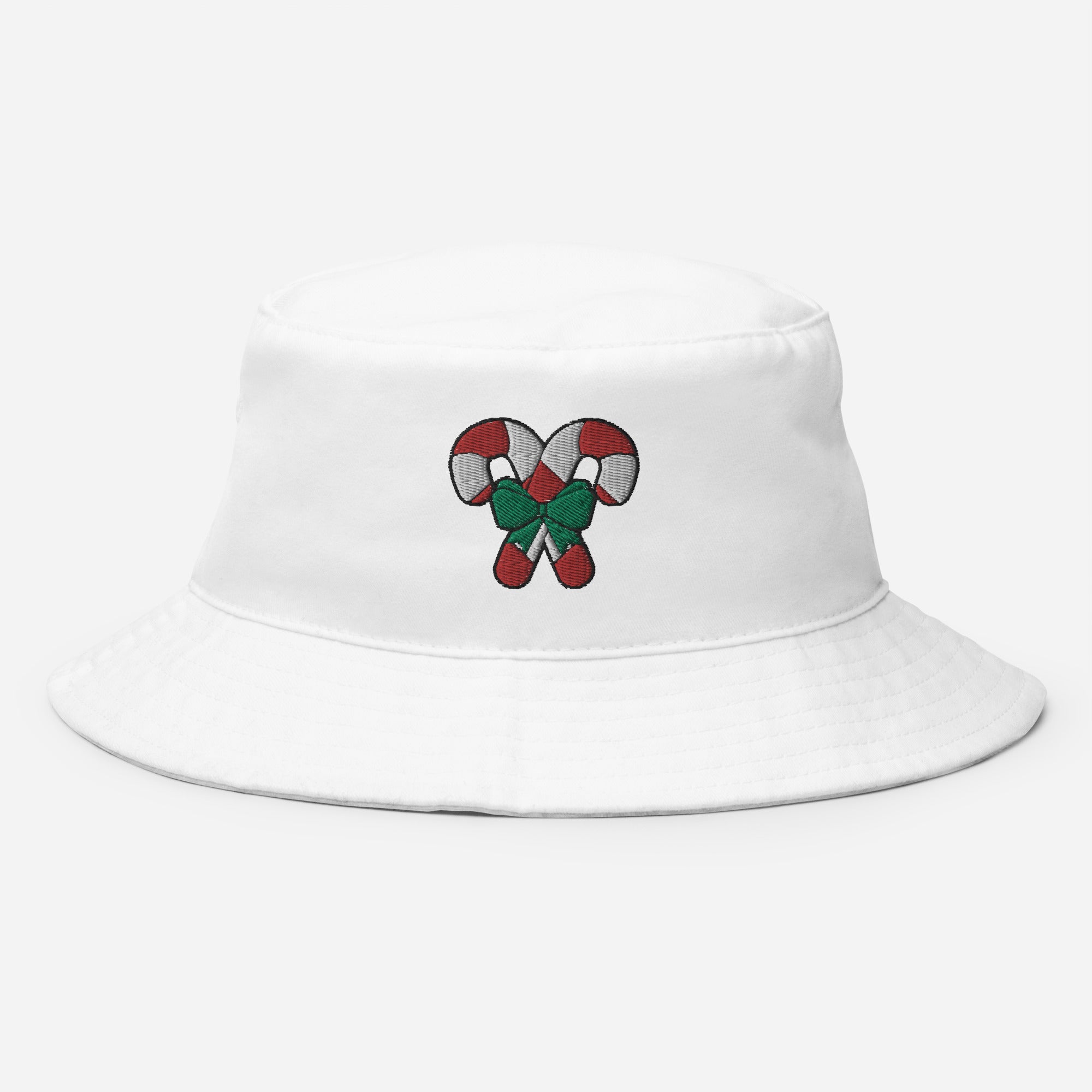 Candy Cane Bucket Hat, Embroidered Christmas Bucket Hat, Handmade Xmas Festive Unisex Cotton Sun Hat