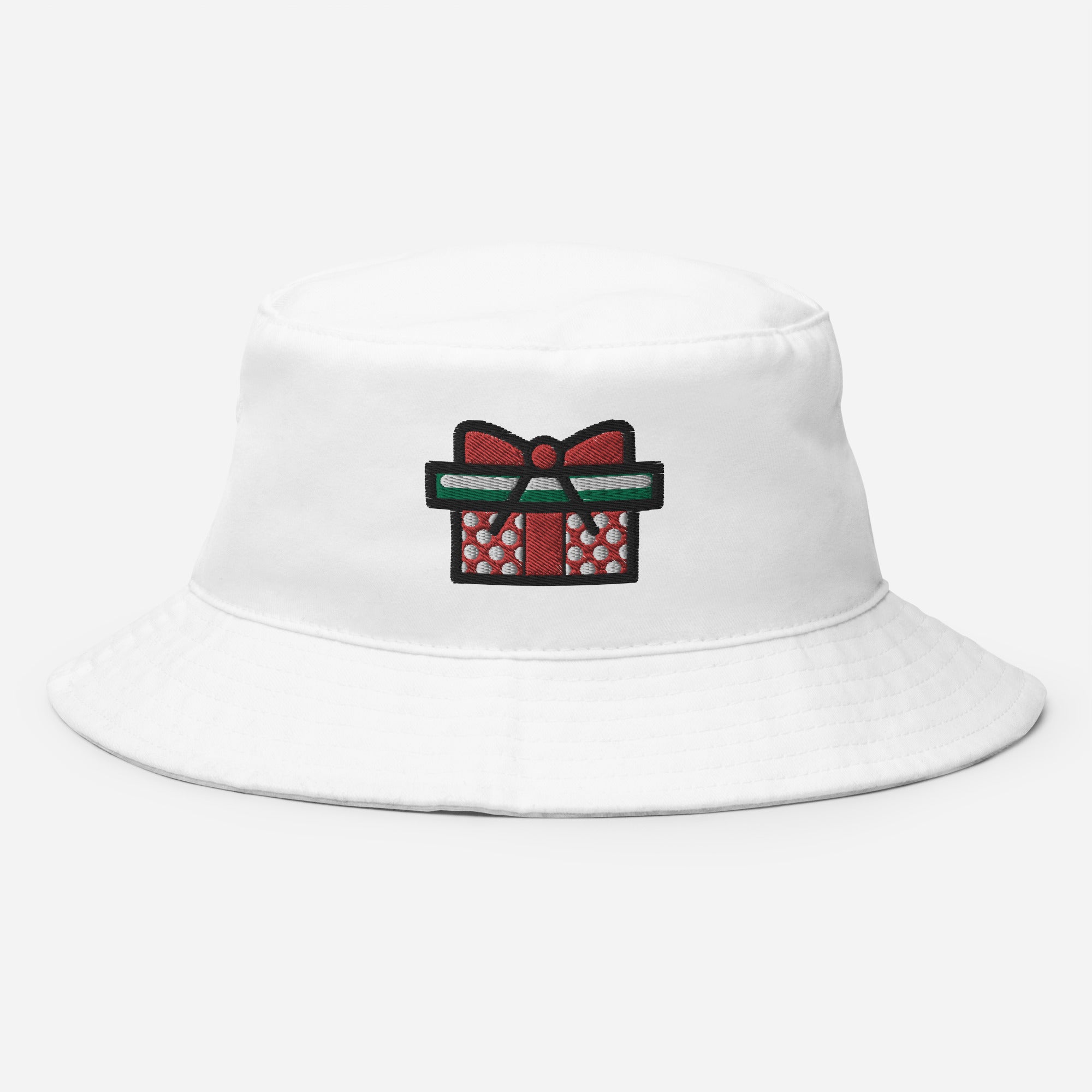 Gift Box Bucket Hat, Embroidered Christmas Bucket Hat, Handmade Xmas Festive Unisex Cotton Sun Hat