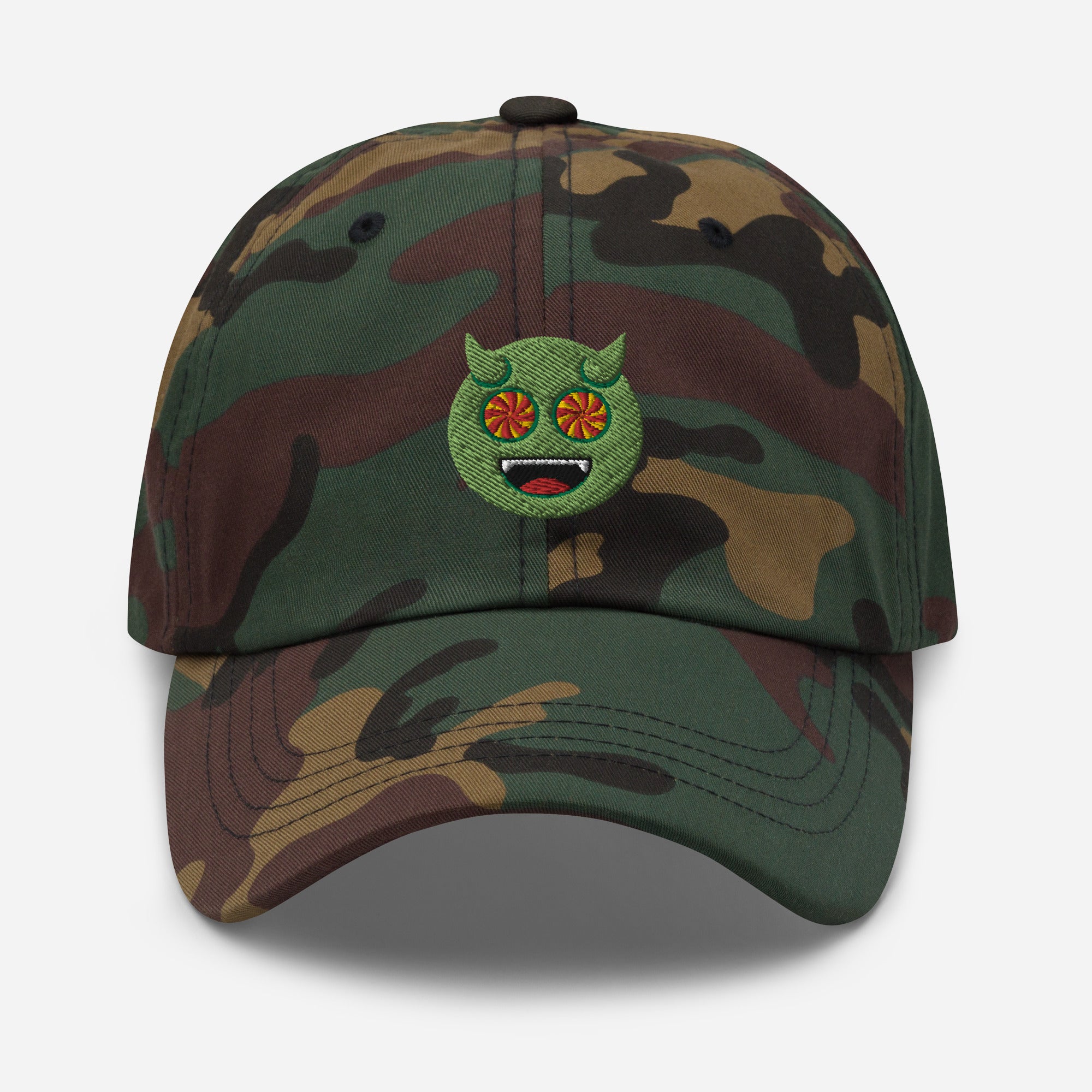 Halloween Green Evil Dad Hat, Embroidered Evil Mouth Unisex Hat, Handmade Dad Cap, Scary Emoji Adjustable Baseball Gift Cap