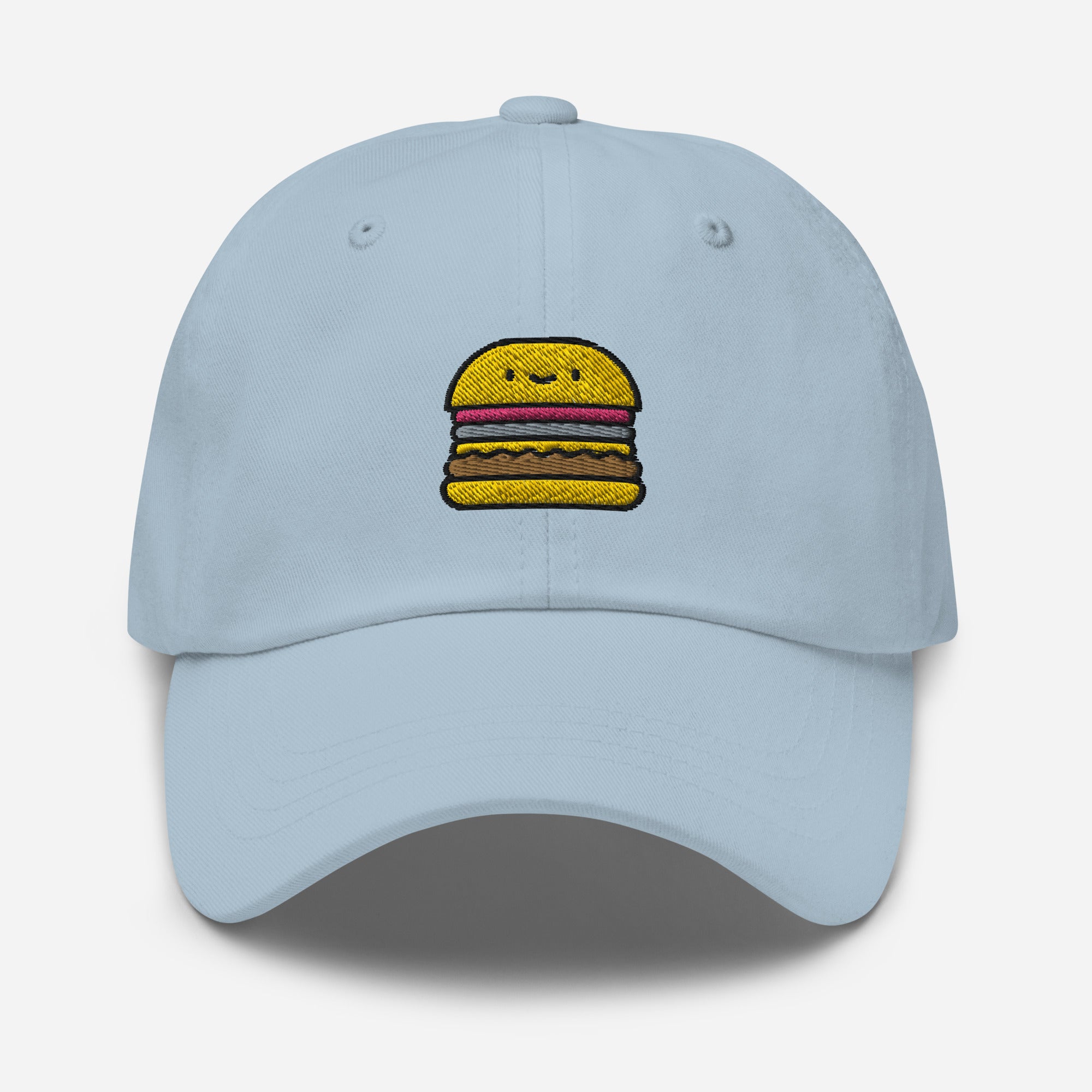 Burger Dad Hat, Embroidered Hamburger Foodie Unisex Hat, Handmade Dad Cap, Fast Food Adjustable Baseball Gift Cap