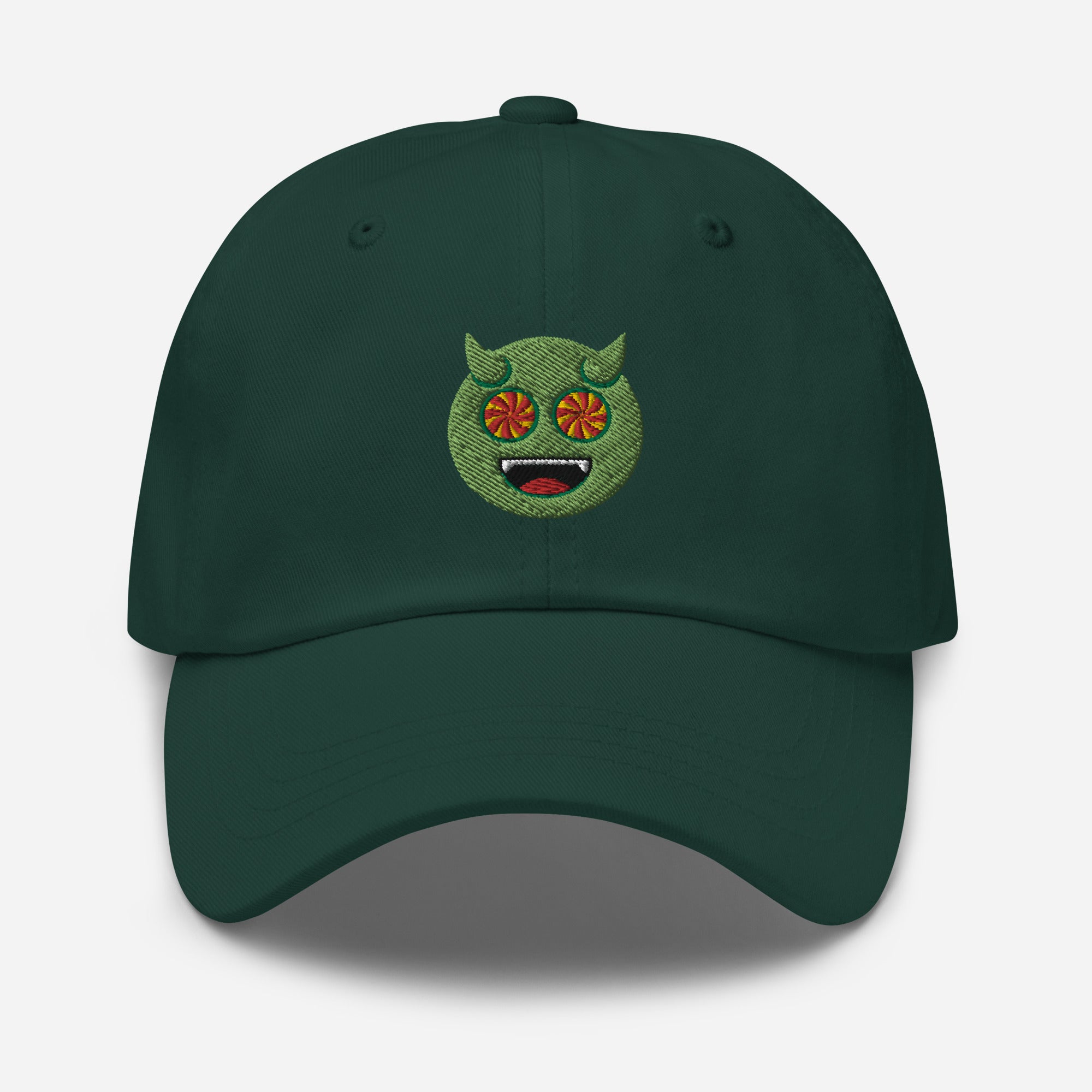 Halloween Green Evil Dad Hat, Embroidered Evil Mouth Unisex Hat, Handmade Dad Cap, Scary Emoji Adjustable Baseball Gift Cap