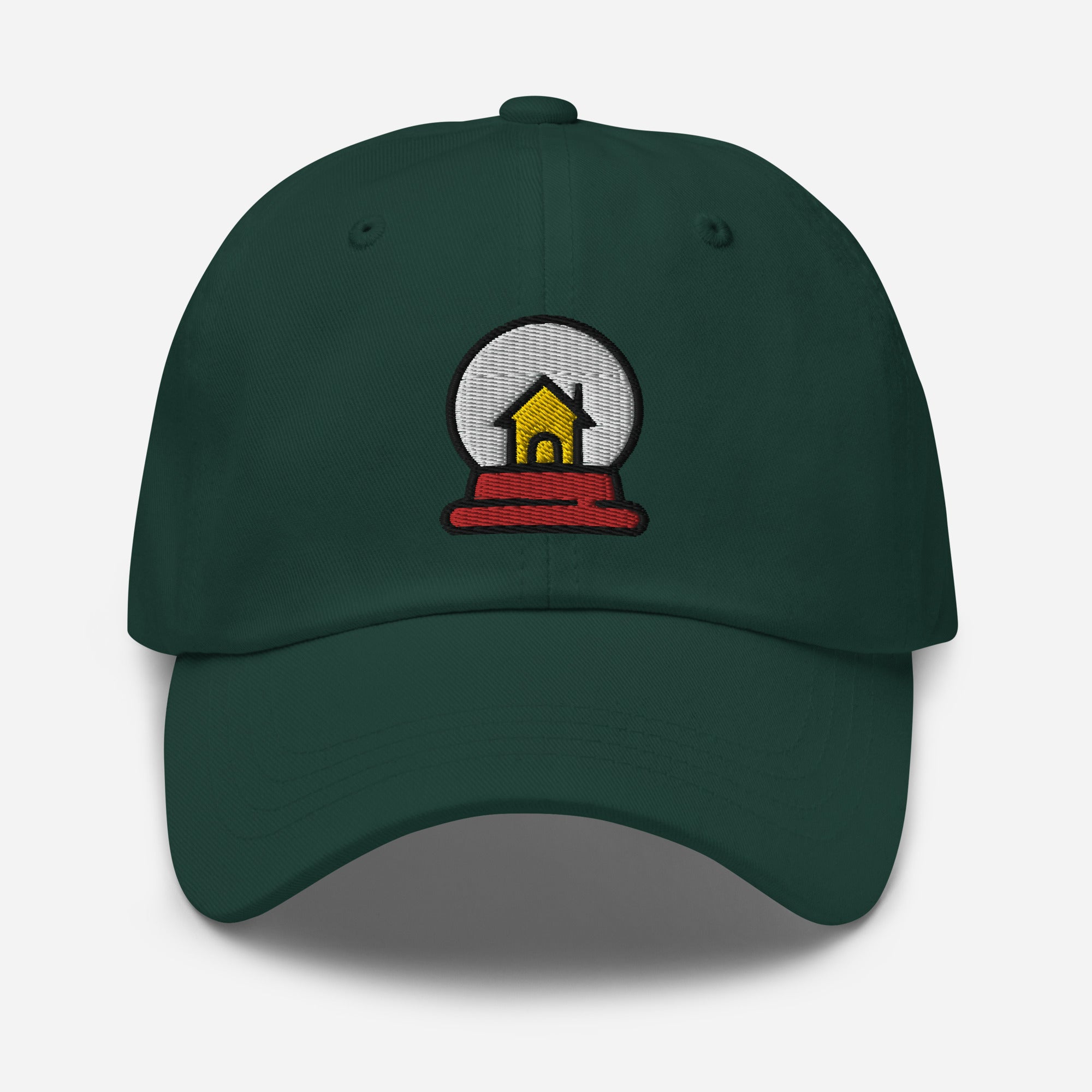 Snow Globe House Dad Hat, Embroidered Christmas Unisex Hat, Handmade Dad Cap, Xmas Festive Adjustable Baseball Gift Cap