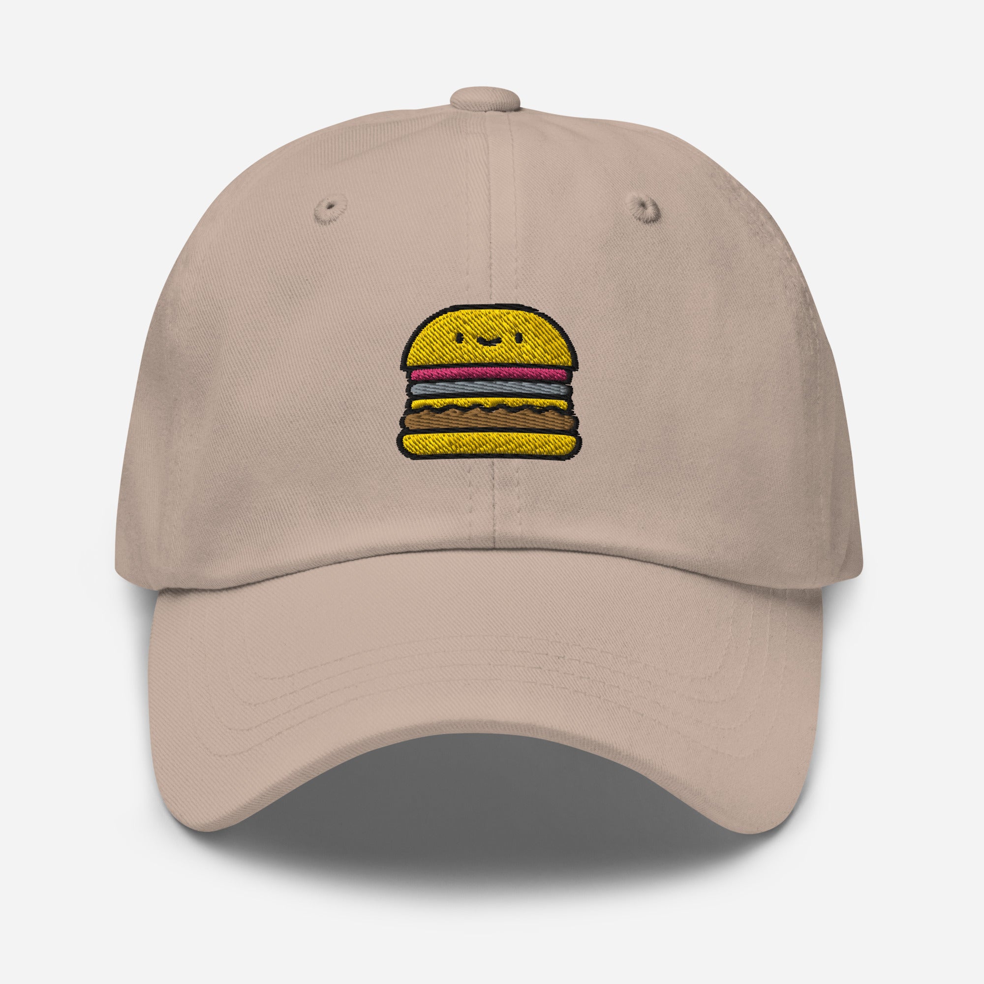 Burger Dad Hat, Embroidered Hamburger Foodie Unisex Hat, Handmade Dad Cap, Fast Food Adjustable Baseball Gift Cap