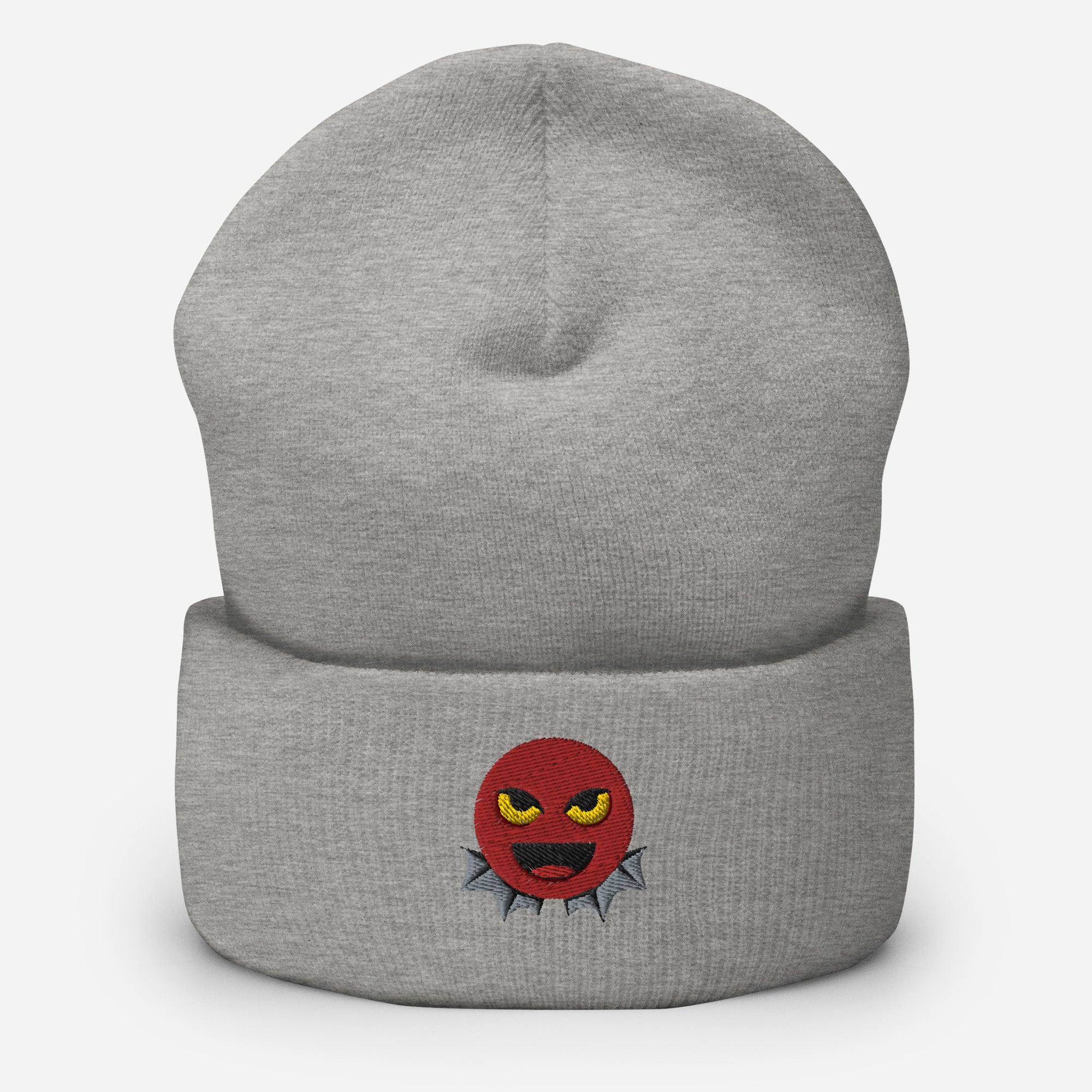 Halloween Devil Beanie Cap, Embroidered Evil Emoticon Cuffed Beanie, Handmade Unisex Slouchy Scary Emoji Gift Hat Cap