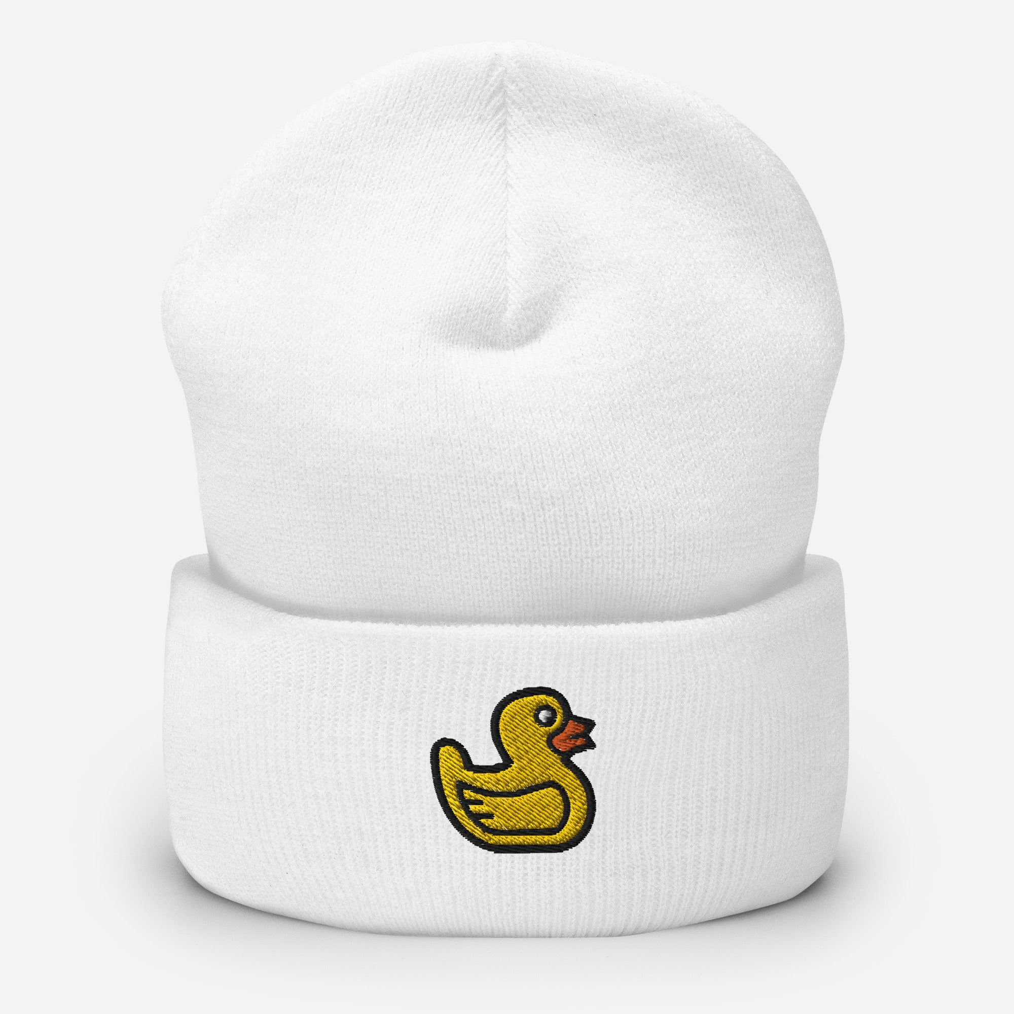 Embroidered Toy Duck Beanie, Rubber Duck Handmade Cuffed Knit Unisex Slouchy Adult Hat Gift Cap