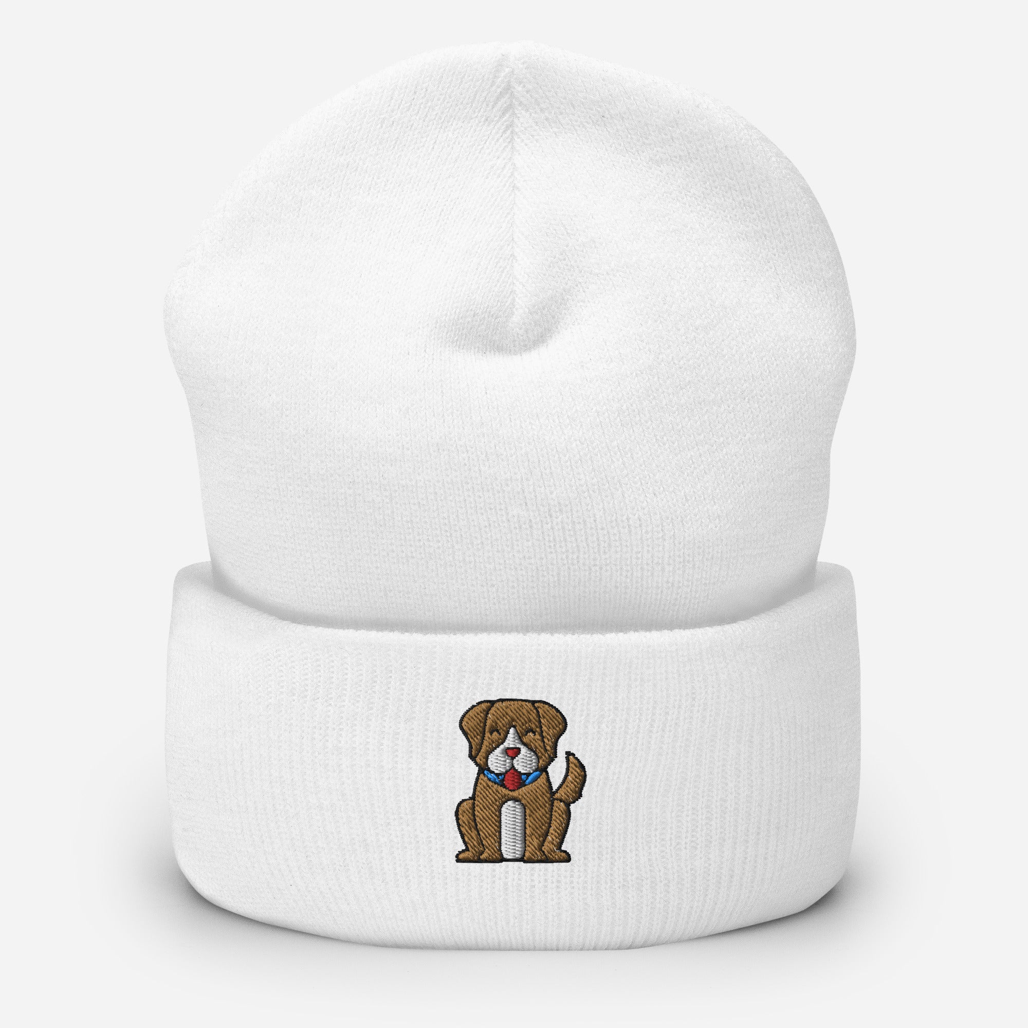 Cute Little Dog Beanie Cap, Embroidered Puppy Dog Cuffed Beanie, Handmade Unisex Slouchy Smiling Animal Gift Hat Cap