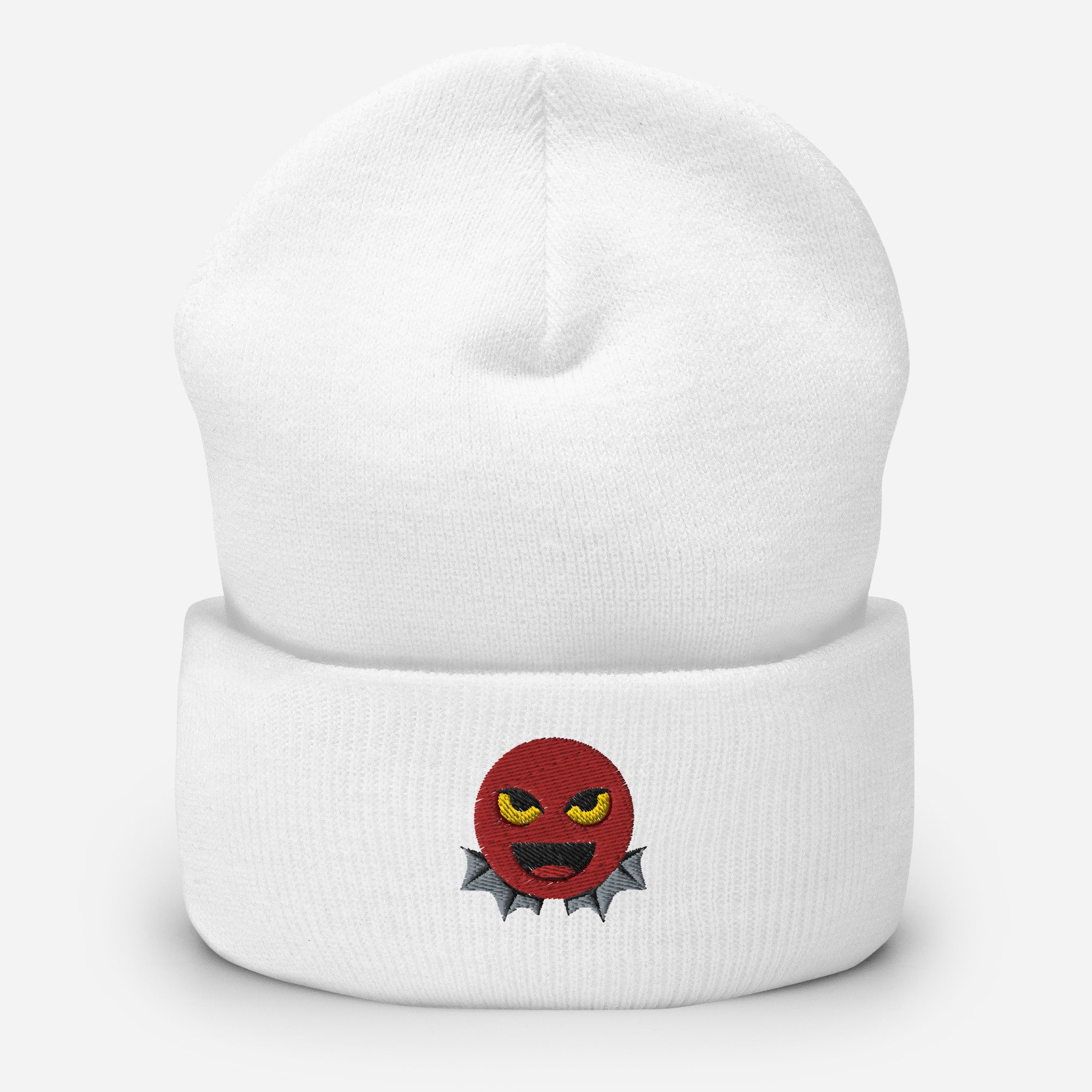 Halloween Devil Beanie Cap, Embroidered Evil Emoticon Cuffed Beanie, Handmade Unisex Slouchy Scary Emoji Gift Hat Cap