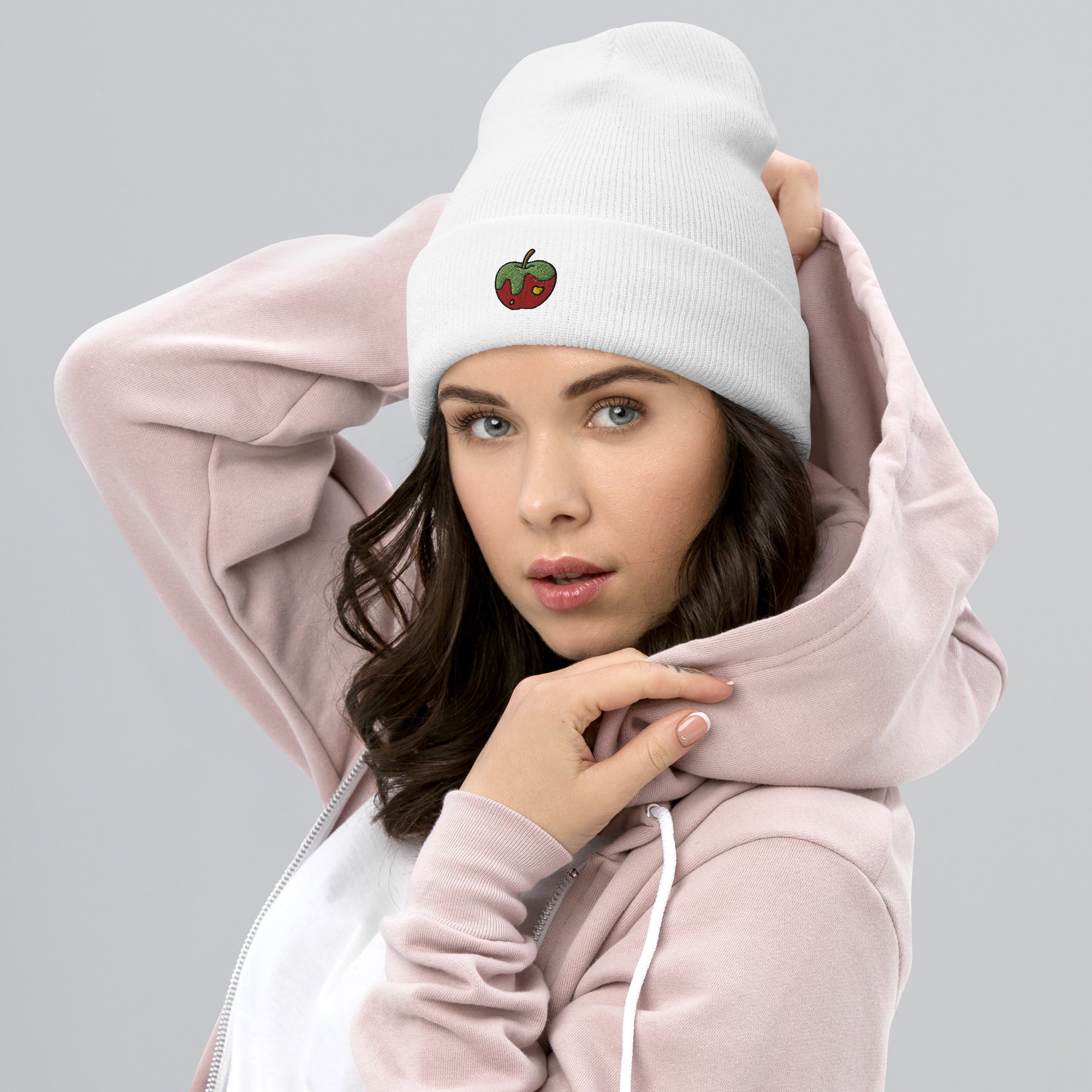 Apple Fruit Beanie Cap, Embroidered Cuffed Beanie, Handmade Unisex Slouchy Gift Hat Cap - Multiple Colors