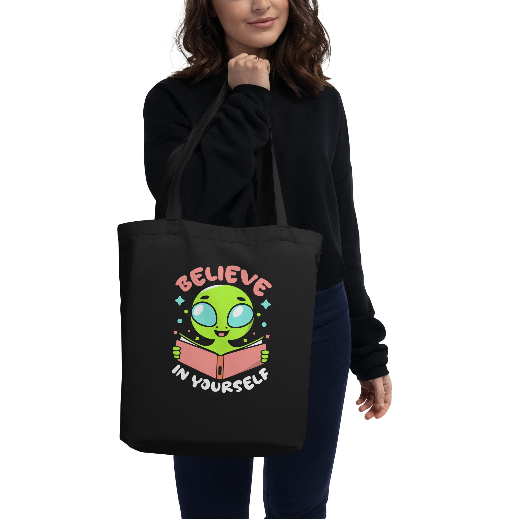 Alien Reading Book Believe In Yourself Aliens Introvert Galaxy Alien Motivational Saying Book Lover Eco Tote Bag