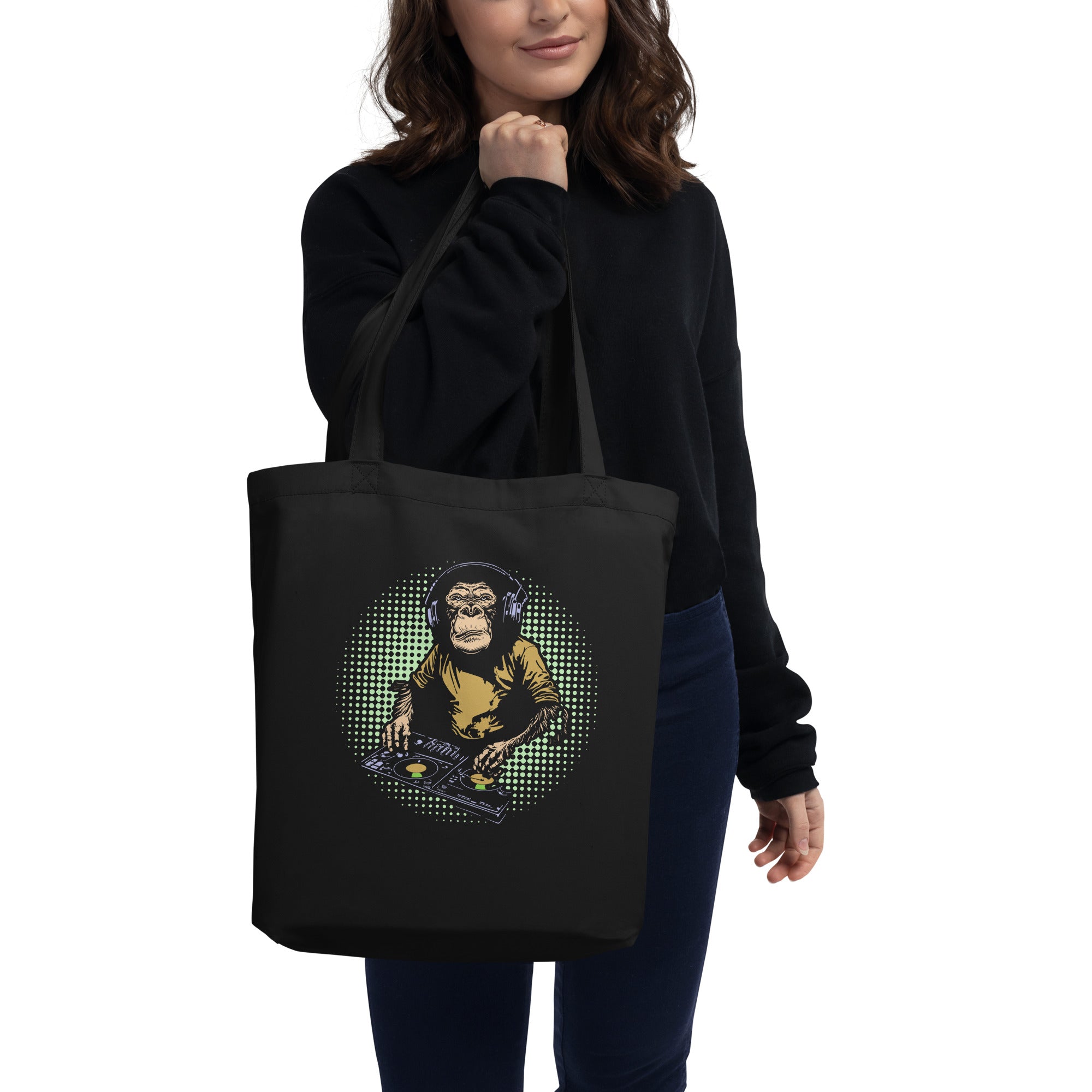 DJ Monkey Mixing Music Gorilla With Headphones Music Hip Hop Dancing Rave Party Eco Tote Bag