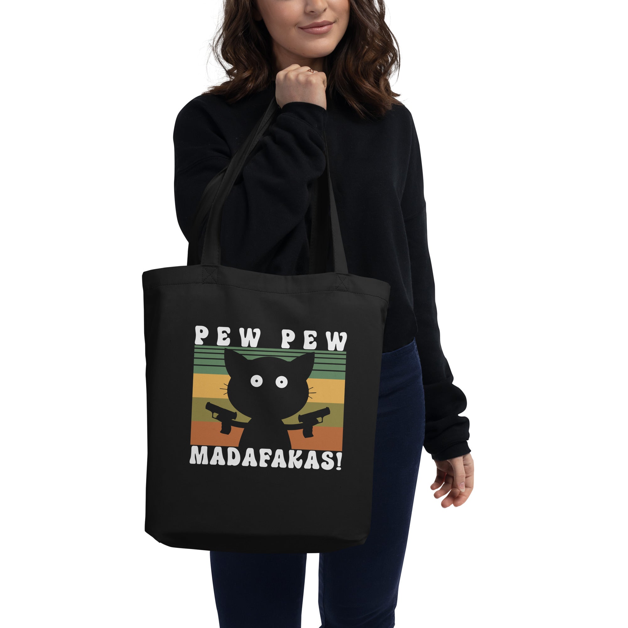 Pew Pew Madafakas Funny Joke Retro Vintage Cat Gun Pistol Kitty Pew Pew Cat Meme Eco Tote Bag