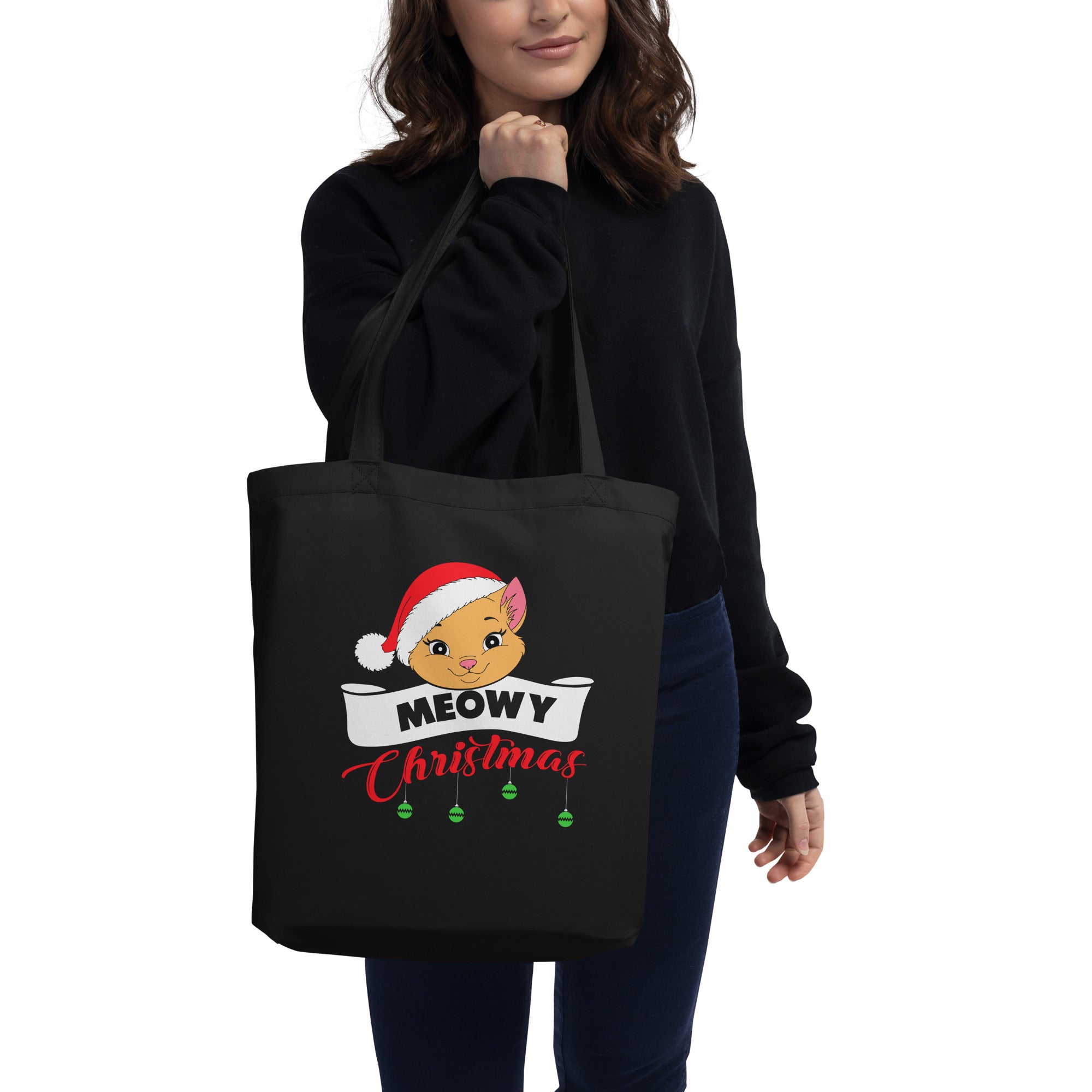 Meowy Christmas Cat Face With Santa Hat Funny Christmas Cat Lovers Xmas Festive Eco Tote Bag