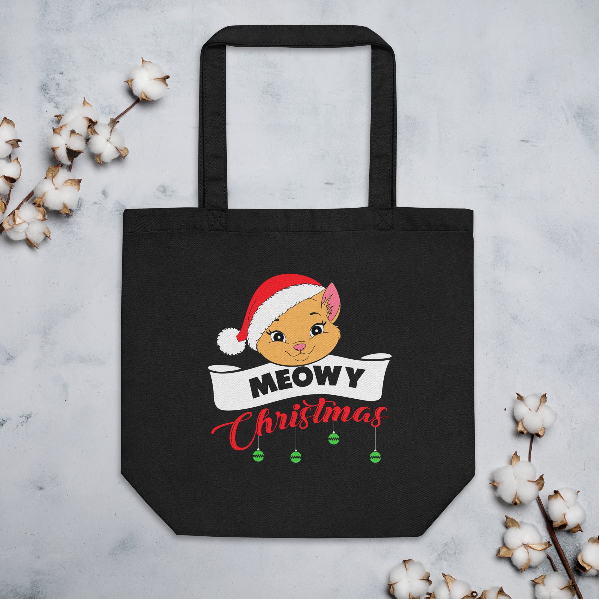 Meowy Christmas Cat Face With Santa Hat Funny Christmas Cat Lovers Xmas Festive Eco Tote Bag
