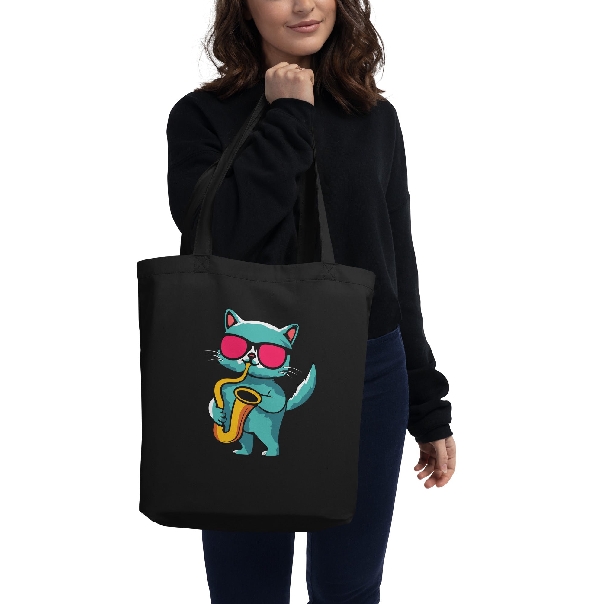 Cat Playing Saxophone Sax Player Sax Cat Jazz Lover Saxophone Saxophonist Cat Lover Eco Tote Bag