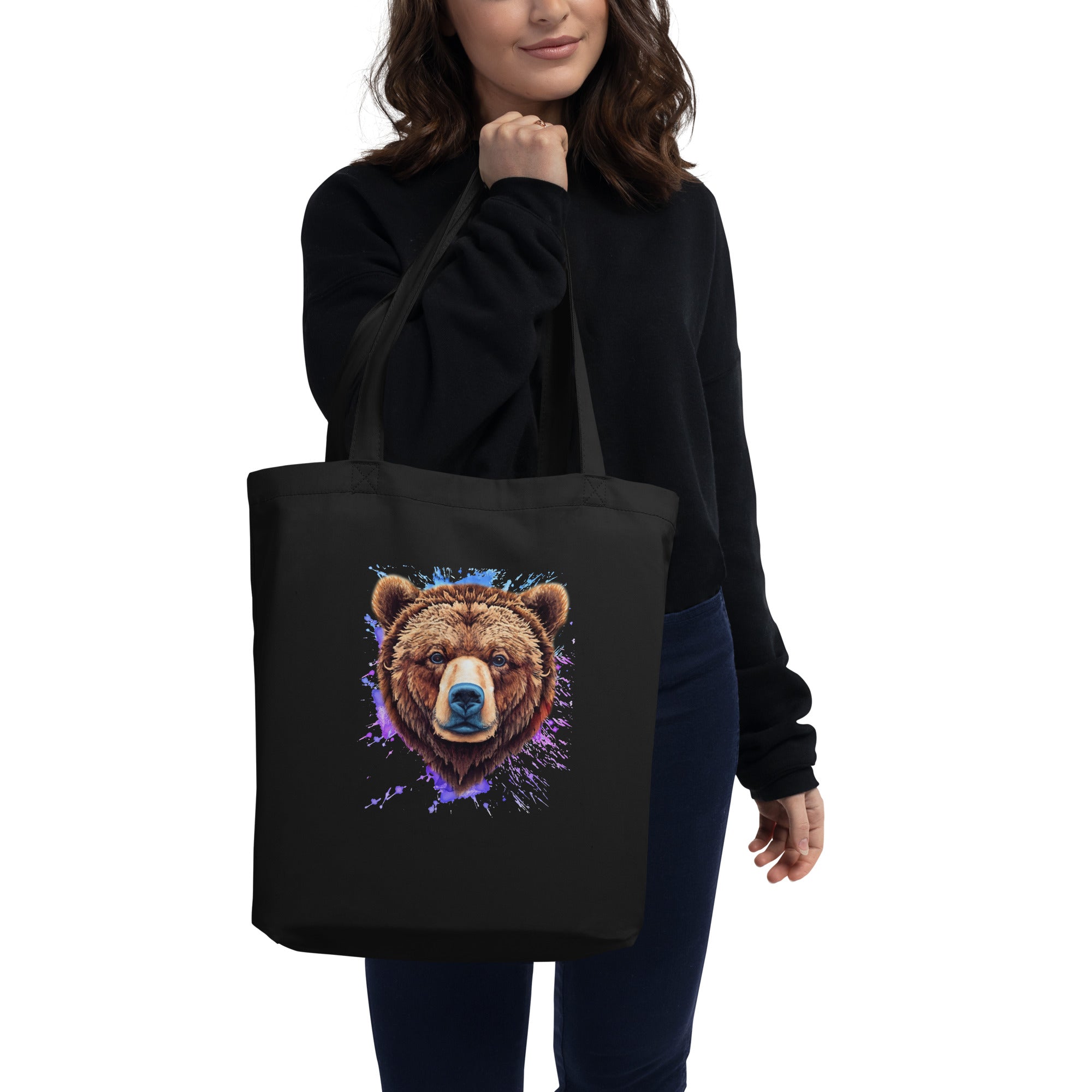 Bear Head Paint Splash Art Close Up Of Grizzly Bear Wildlife Eco Tote Bag