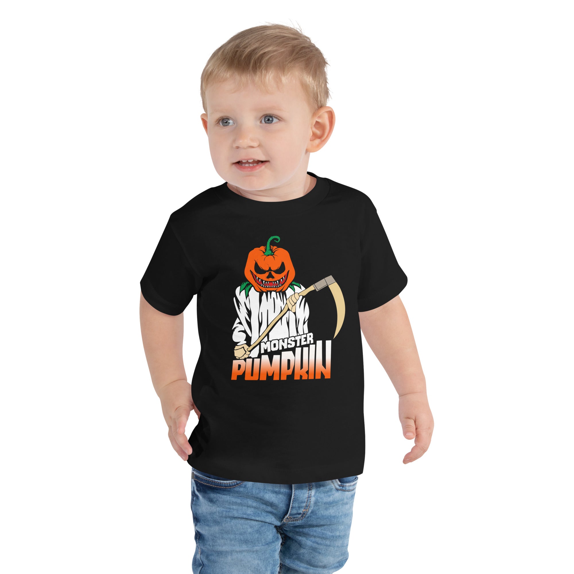 Monster Pumpkin Holding Scythe Halloween Evil Pumpkin Scary Spooky Monster Kids T-Shirt