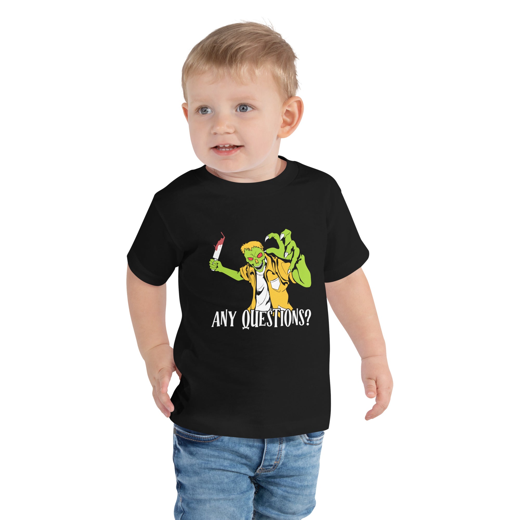 Any Questions? Halloween Zombie Holding Bloody Knife Horror Scary Zombie Costume Kid's T-Shirt