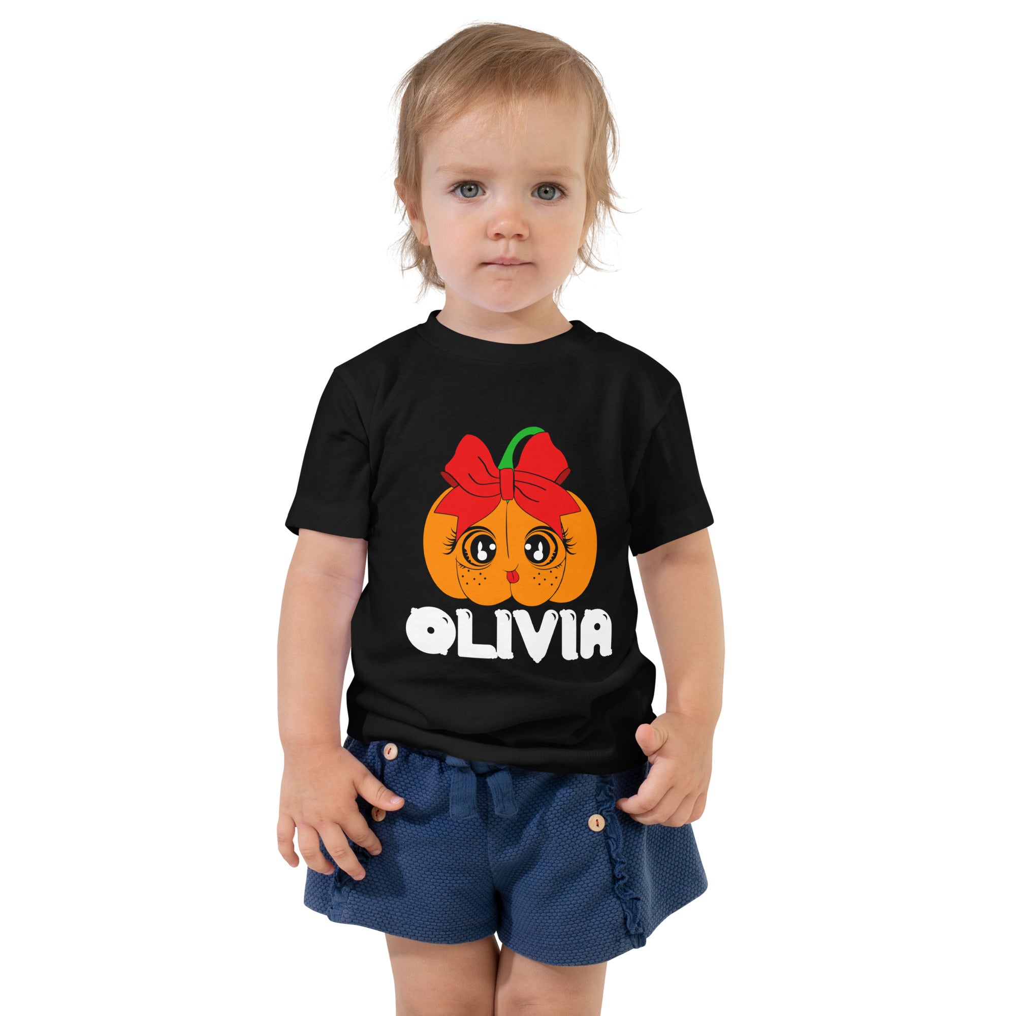 Personalised Halloween Pumpkin Your Name Cute Beautiful Eyes And A Smile Pumpkin With A Red Bow Kid's T-Shirt