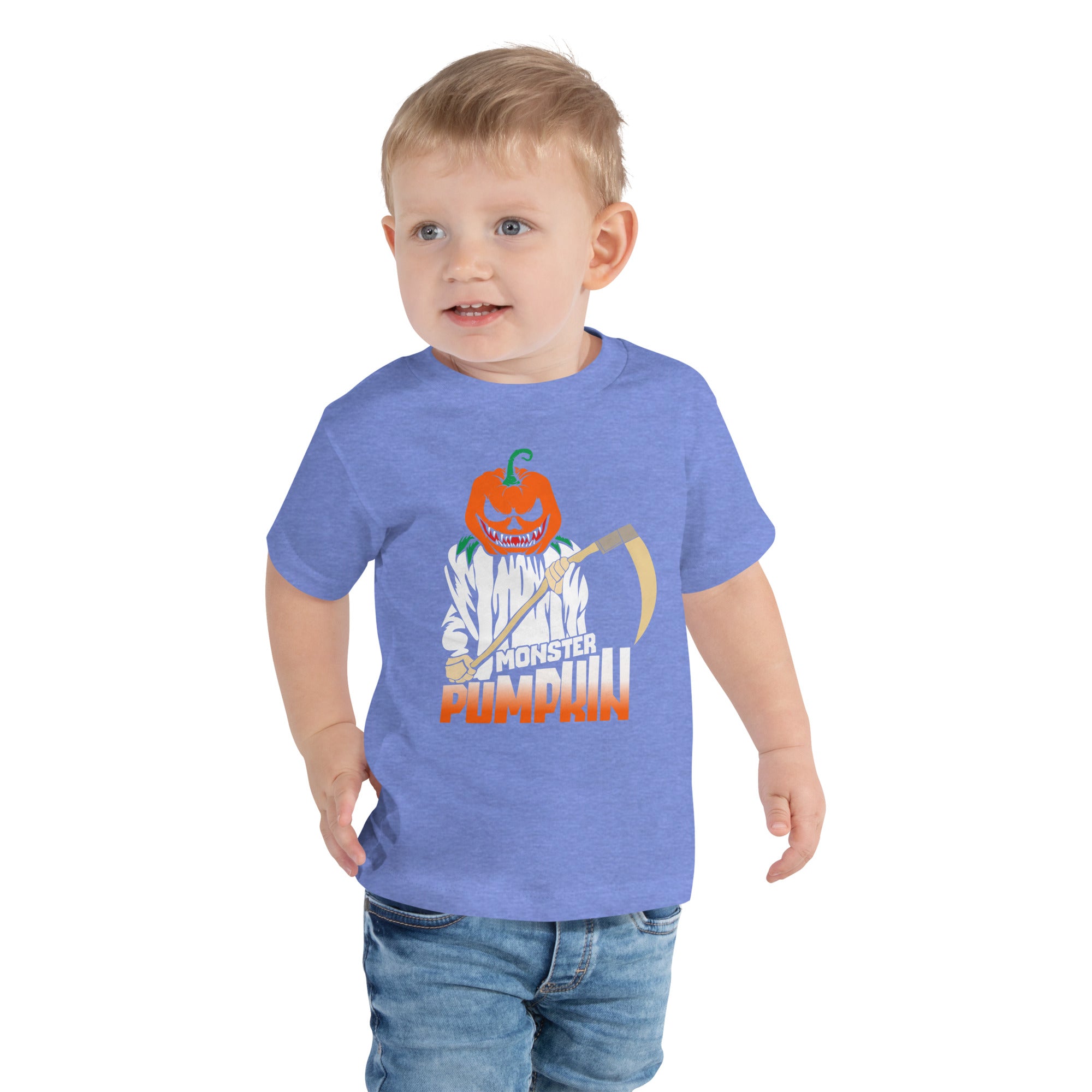 Monster Pumpkin Holding Scythe Halloween Evil Pumpkin Scary Spooky Monster Kids T-Shirt