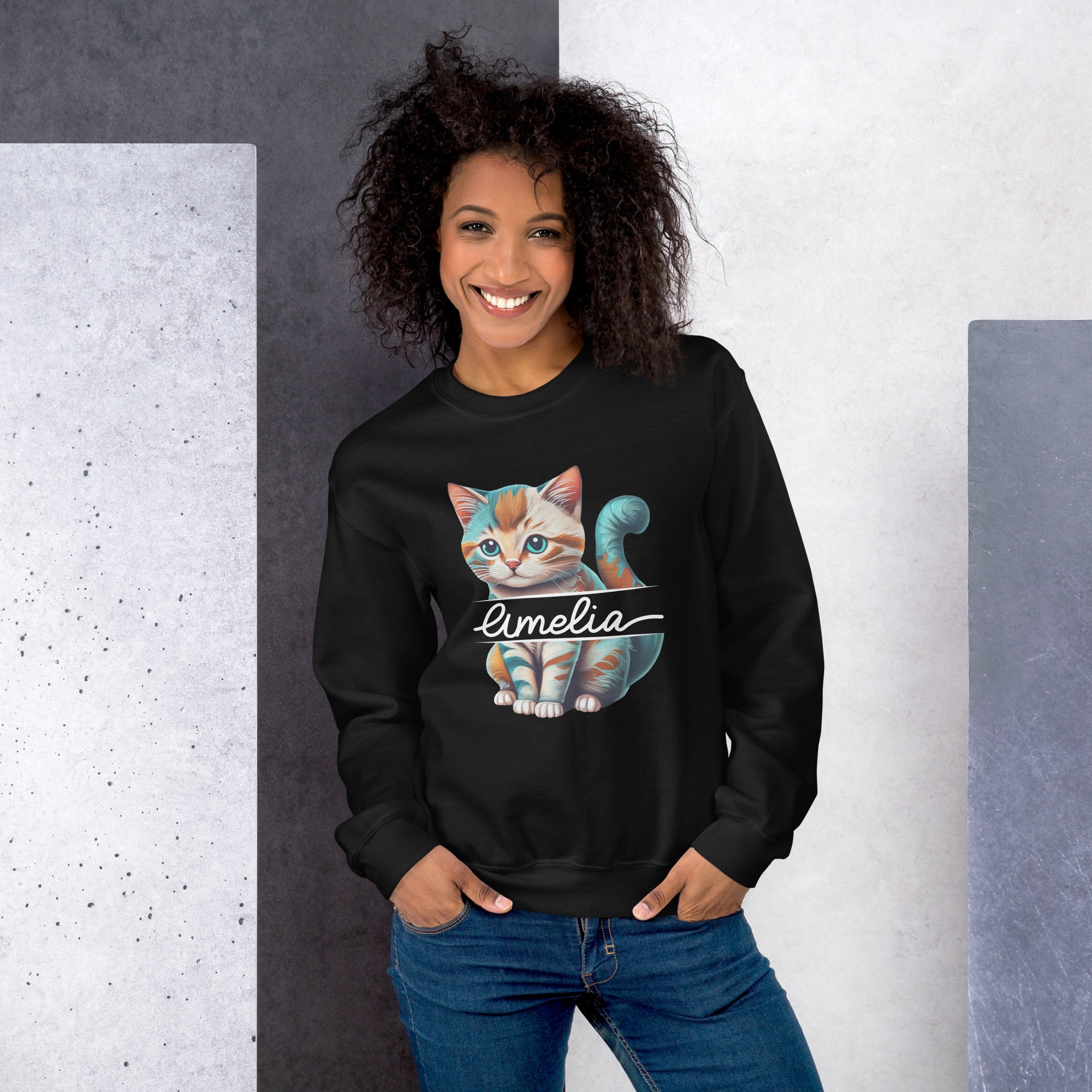 Personalised Vibrantly Colored Cat Funny Cat Lovers Your Name Pop Art Style Colorful Cat Women's Sweatshirt