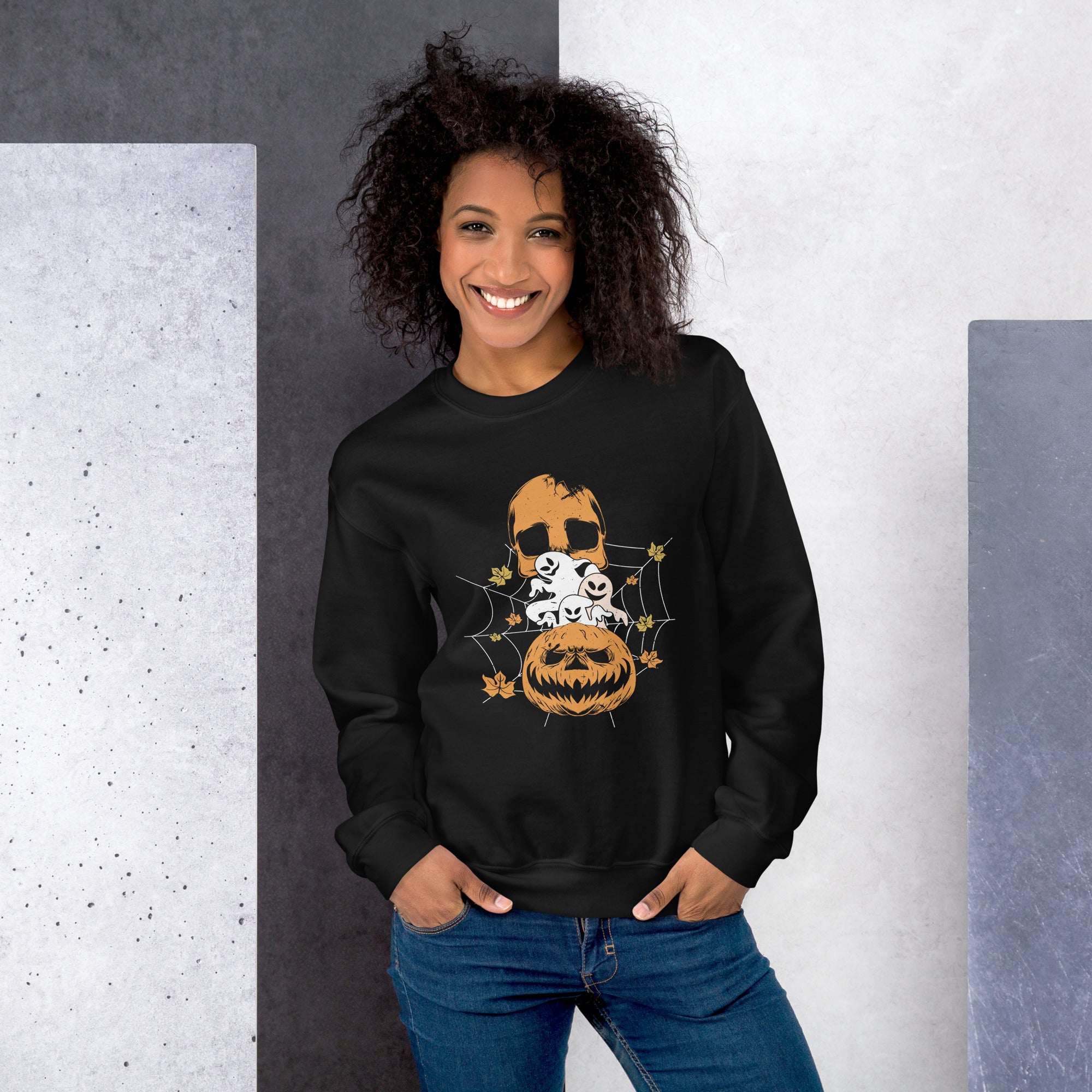 Skull With Boos Halloween Evil Pumpkin Spooky Season Skull Ghost Pumpkin Women's Sweatshirt