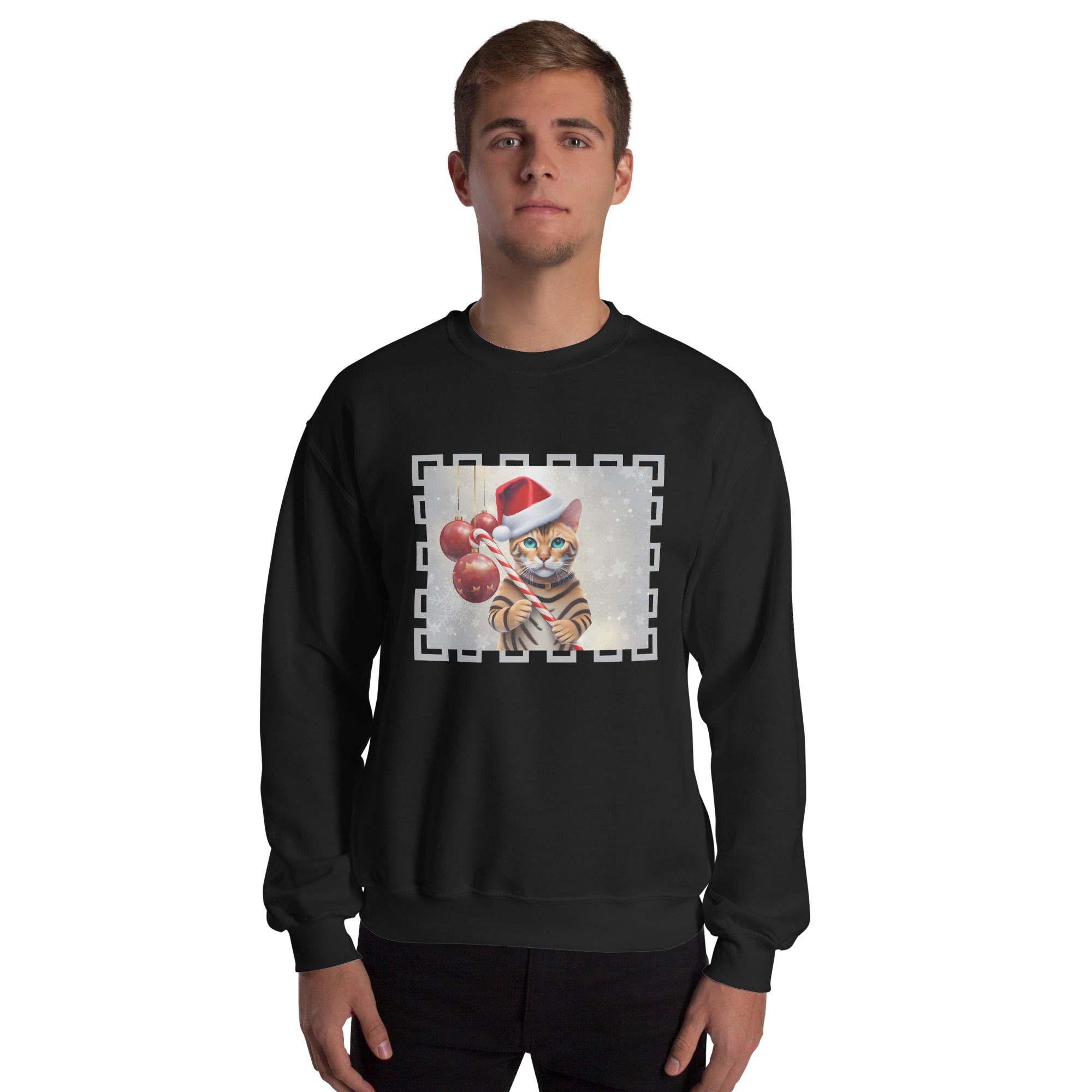 American Bengal Cat Holding Candy Cane Men's Sweatshirt Christmas Cat With Santa Hat Holiday Animals Ugly Xmas Men's Jumper