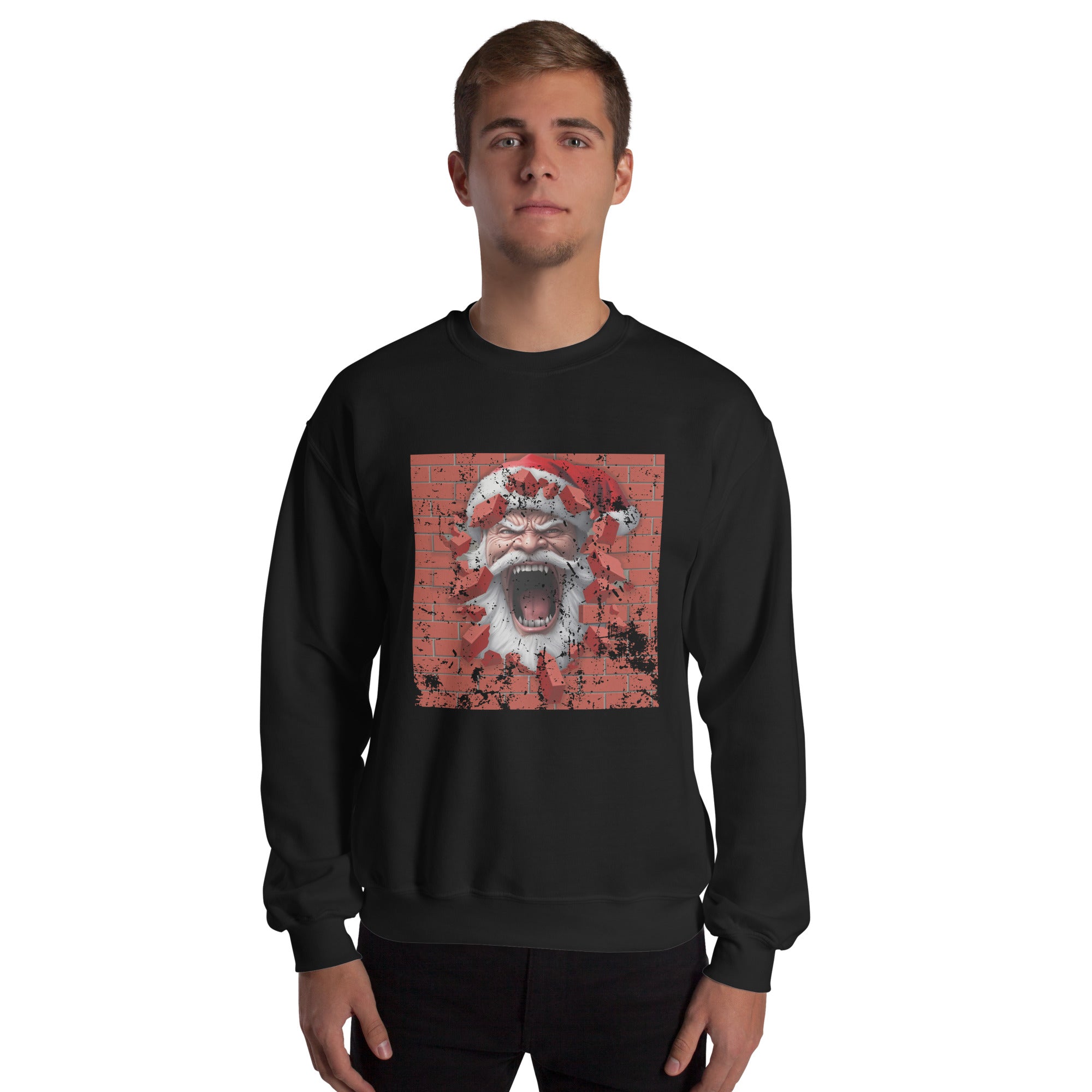 Angry Santa Is Breaking Through The Brick Wall Men's Sweatshirt Christmas Broken Brick Wall Santa Claus Lovers Xmas Men's Jumper