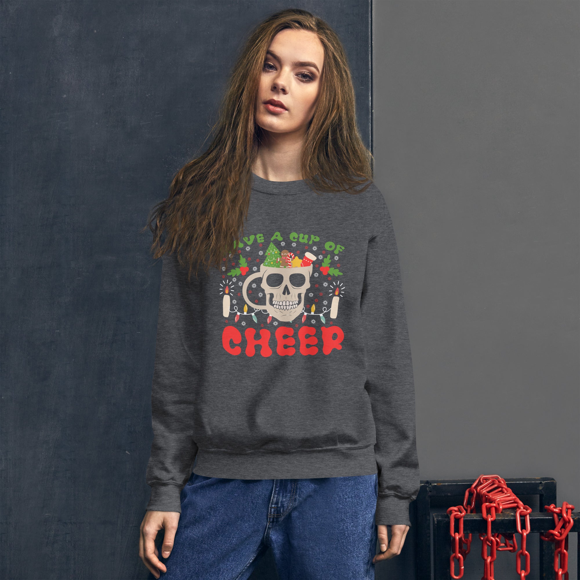 Have A Cup Of Cheer Christmas Skeleton Women's Sweatshirt Coffee Lover Funny Holiday Festive Skull Xmas Women's Jumper