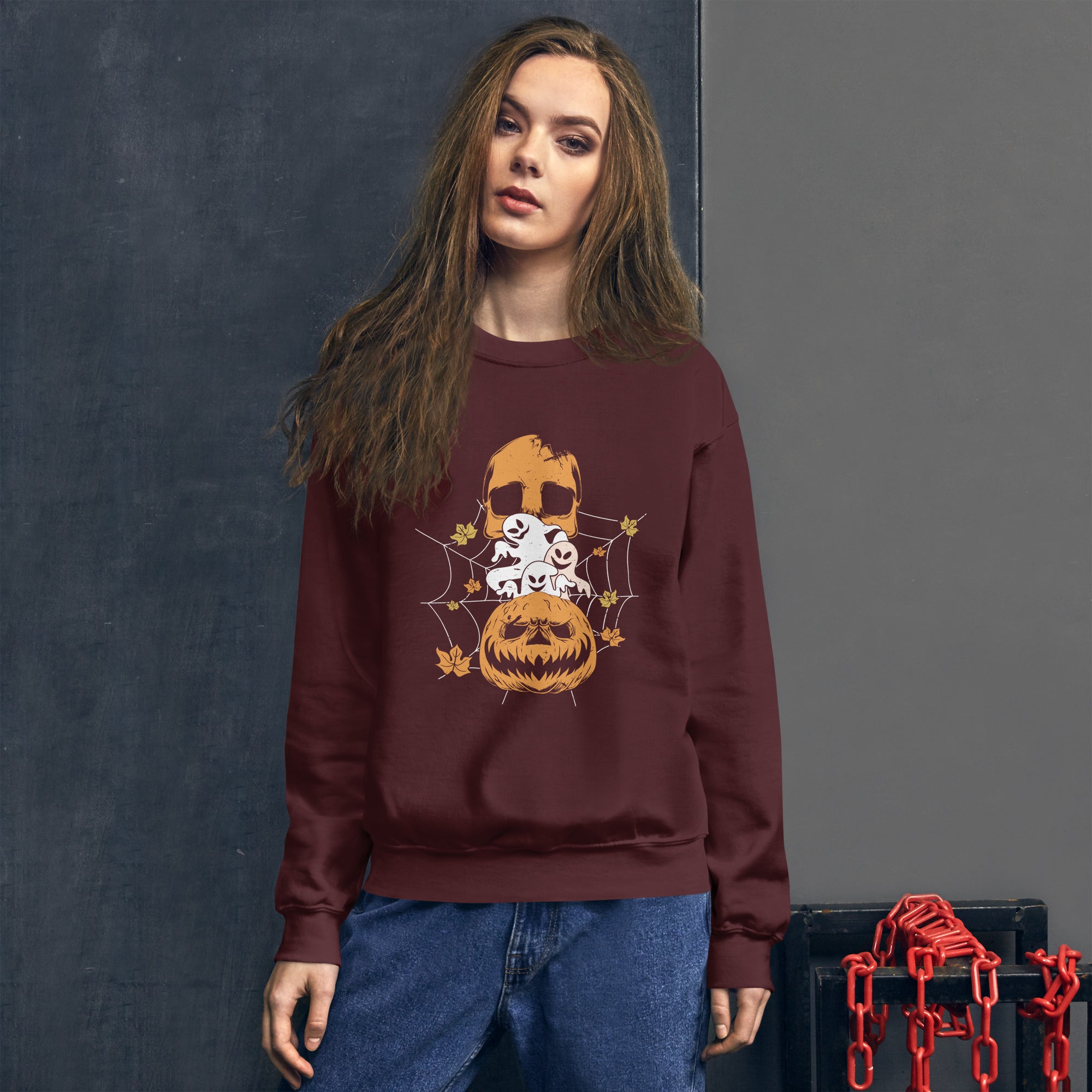 Skull With Boos Halloween Evil Pumpkin Spooky Season Skull Ghost Pumpkin Women's Sweatshirt