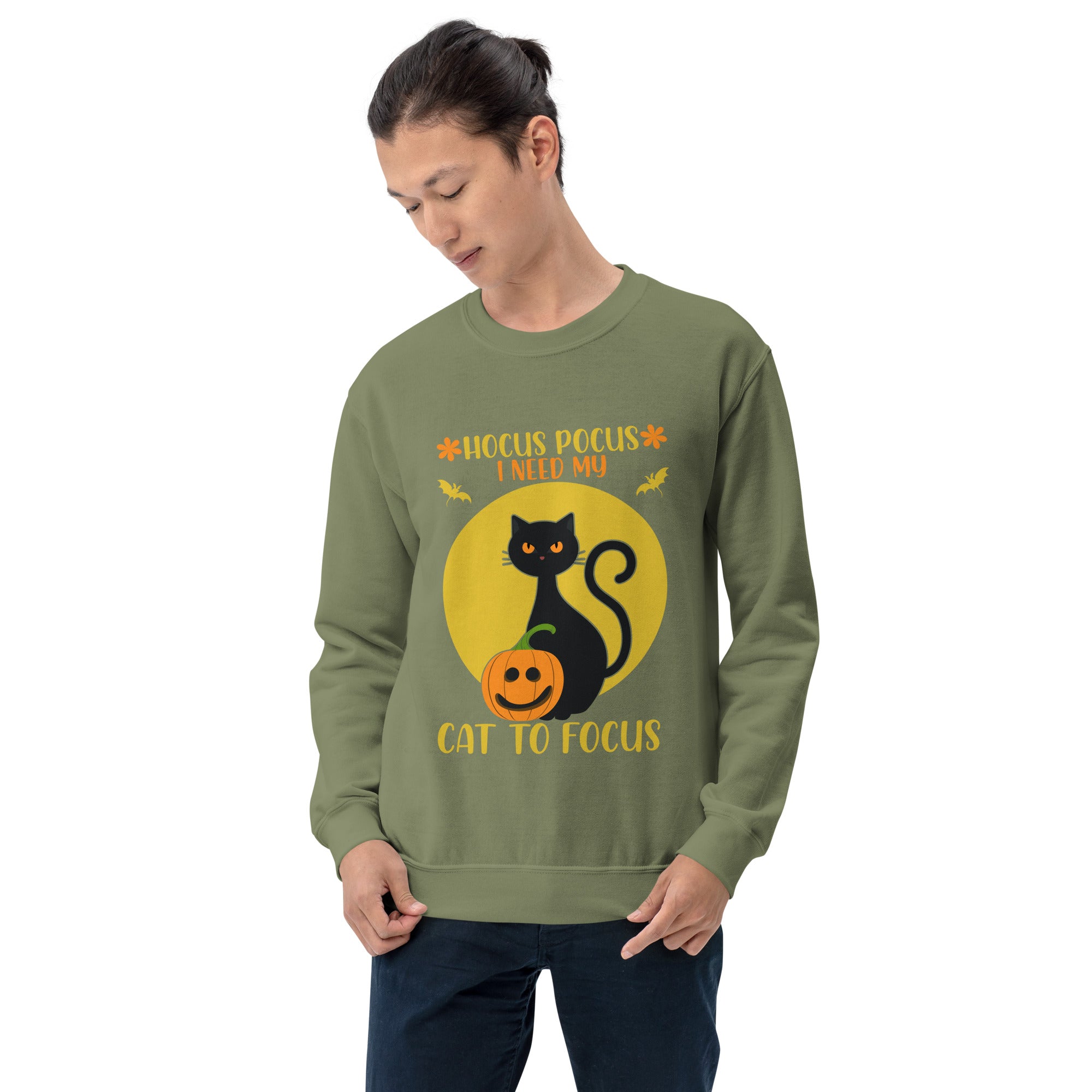 Hocus Pocus I Need My Cat To Focus Funny Halloween Black Cat Scary Spooky Cat Lovers Men's Sweatshirt