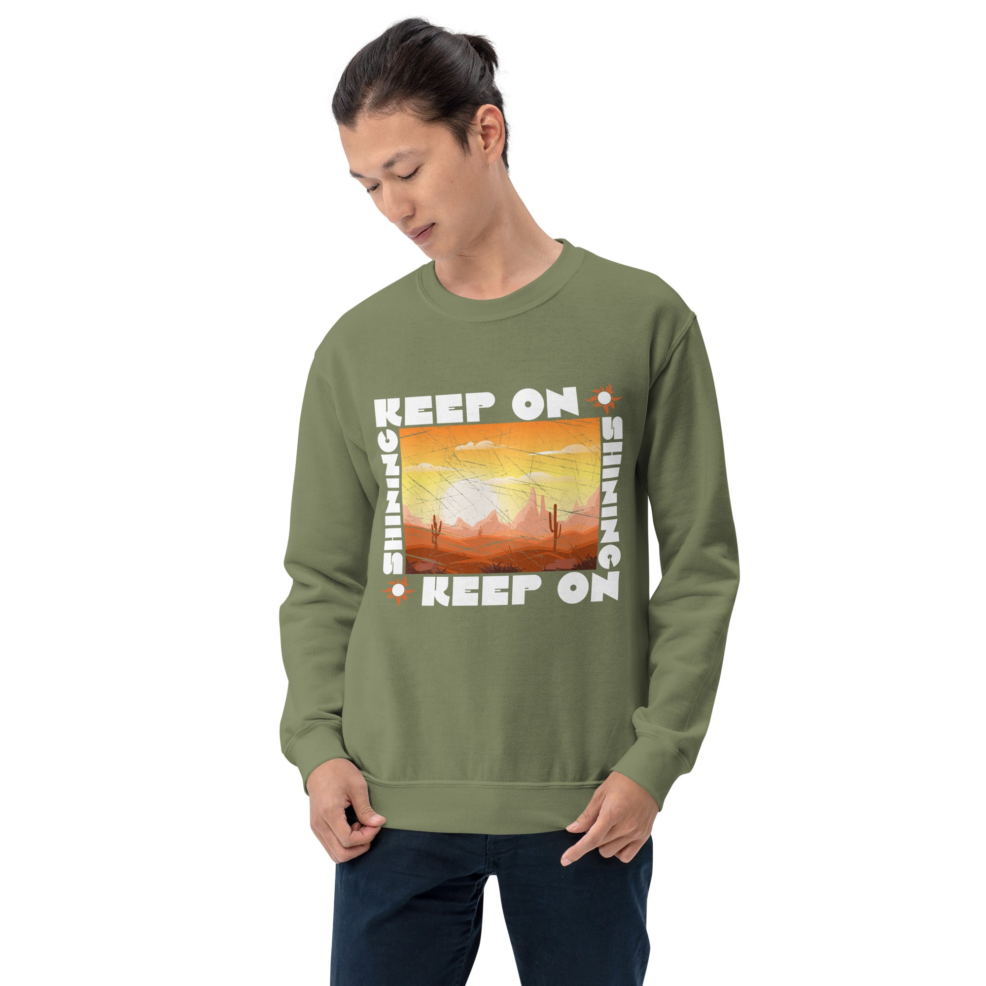 Keep On Shining Retro Aesthetic Sunshine Landscape Of Mountains Inspiring Words Positive Vibes Men's Sweatshirt