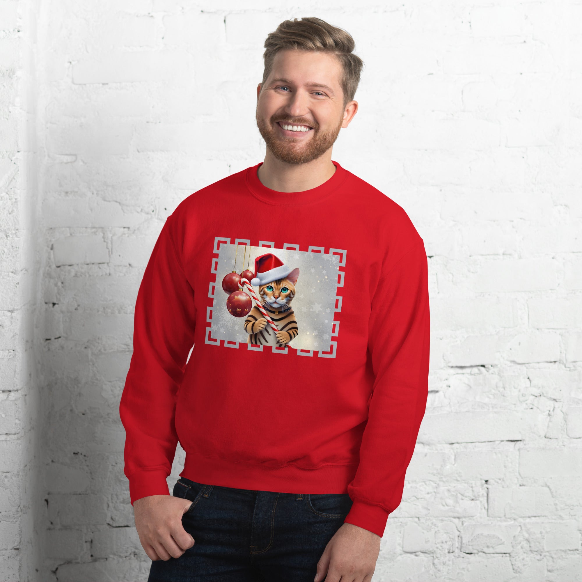 American Bengal Cat Holding Candy Cane Men's Sweatshirt Christmas Cat With Santa Hat Holiday Animals Ugly Xmas Men's Jumper
