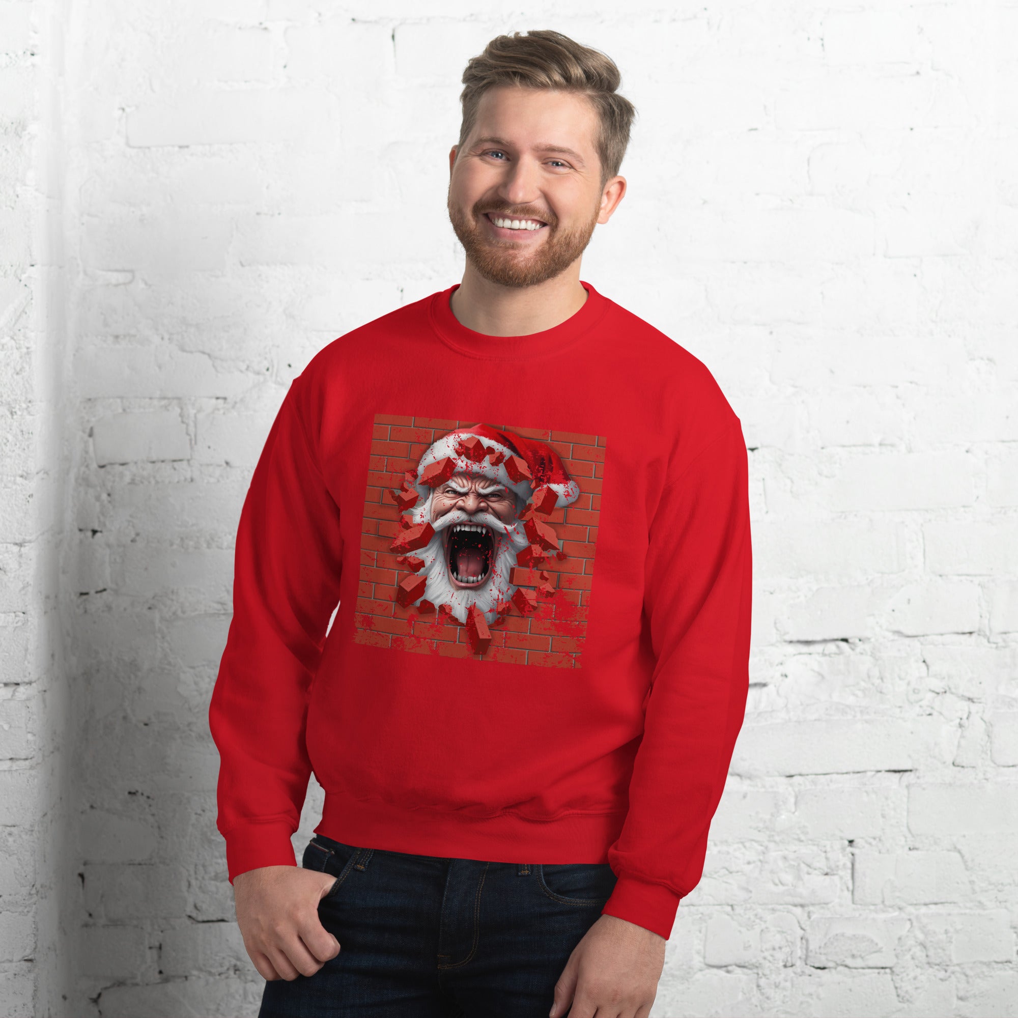 Angry Santa Is Breaking Through The Brick Wall Men's Sweatshirt Christmas Broken Brick Wall Santa Claus Lovers Xmas Men's Jumper