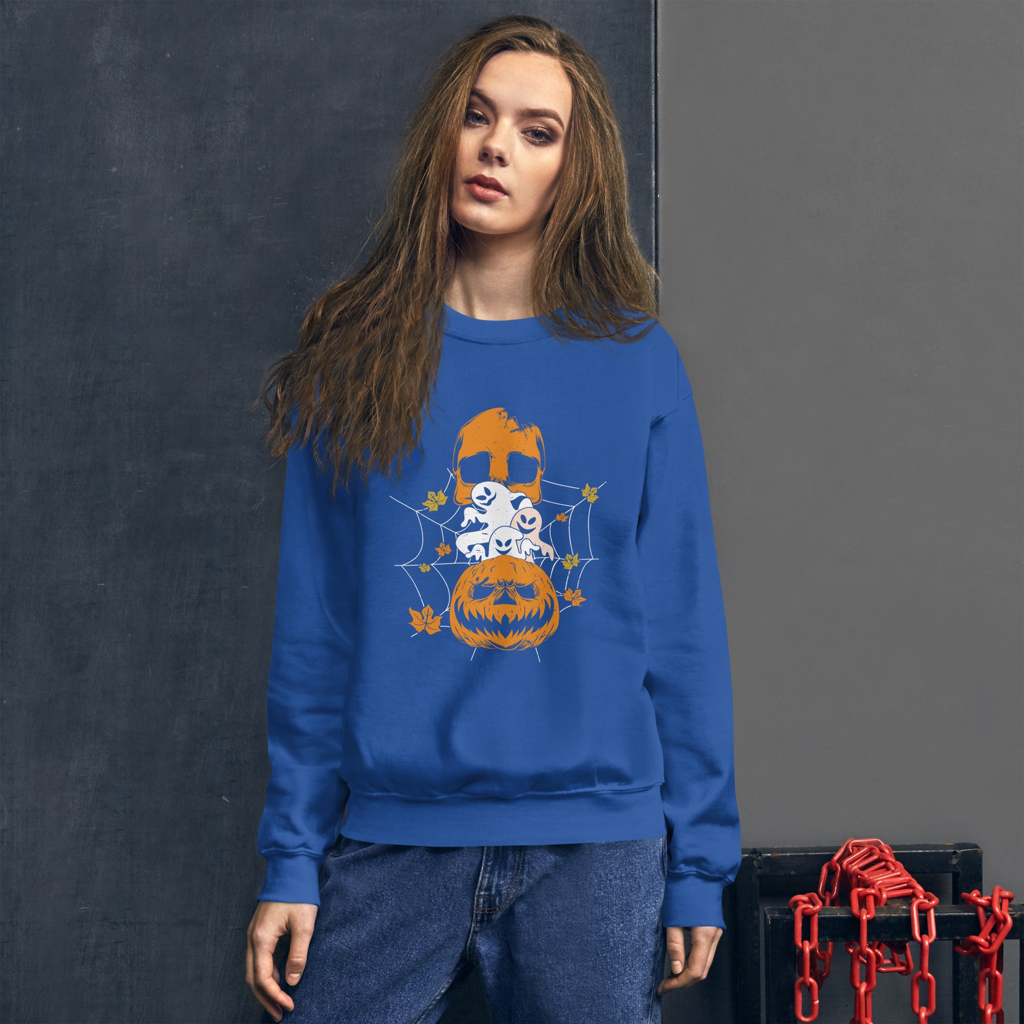 Skull With Boos Halloween Evil Pumpkin Spooky Season Skull Ghost Pumpkin Women's Sweatshirt