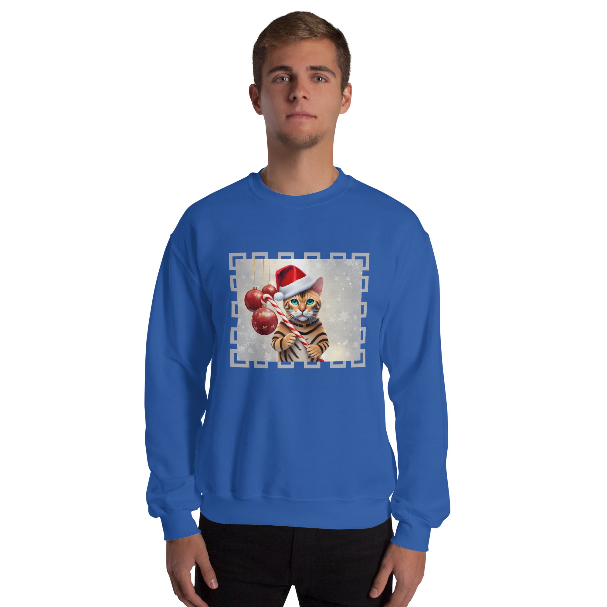 American Bengal Cat Holding Candy Cane Men's Sweatshirt Christmas Cat With Santa Hat Holiday Animals Ugly Xmas Men's Jumper