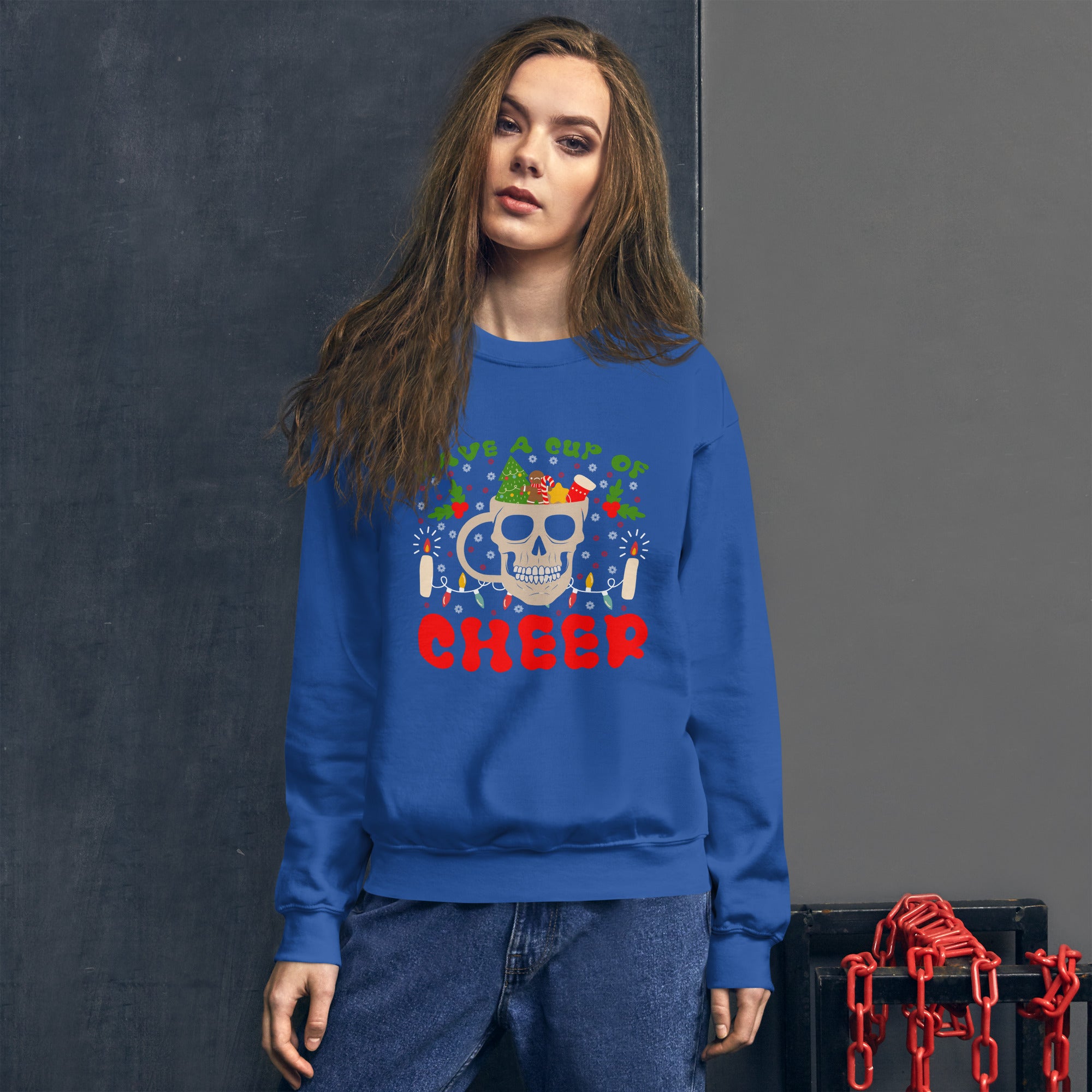 Have A Cup Of Cheer Christmas Skeleton Women's Sweatshirt Coffee Lover Funny Holiday Festive Skull Xmas Women's Jumper