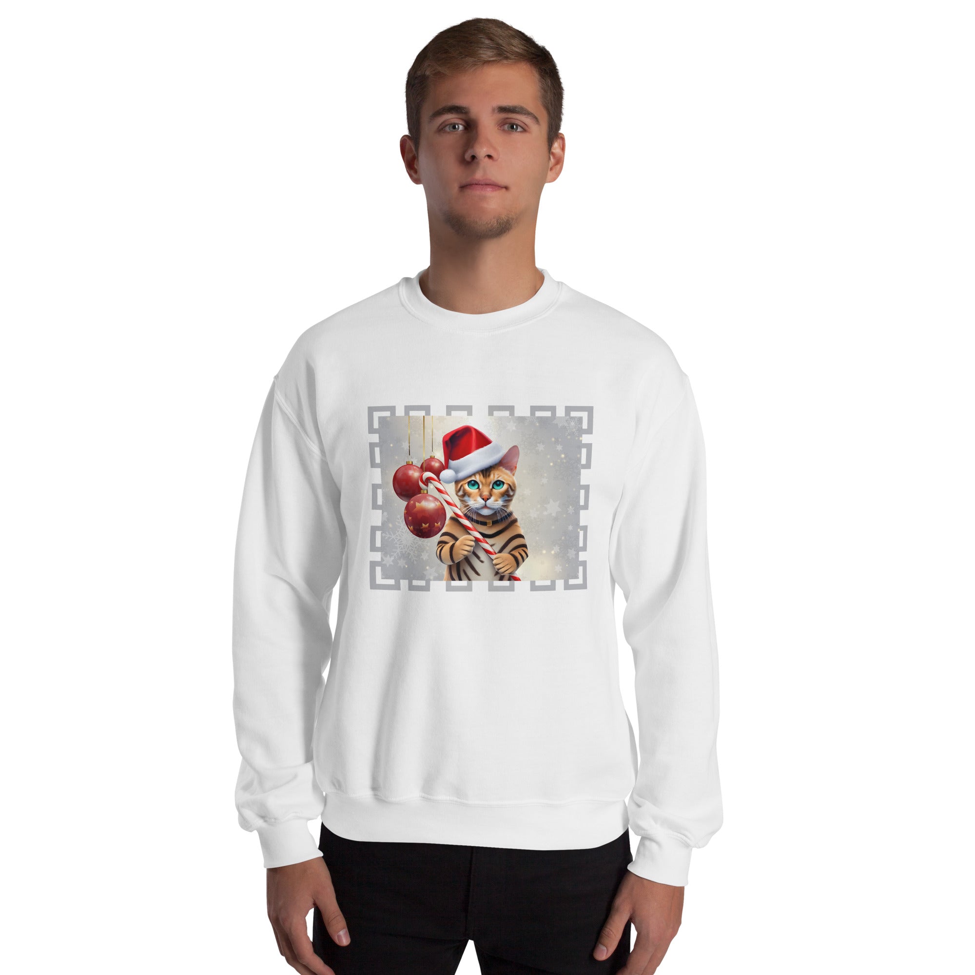 American Bengal Cat Holding Candy Cane Men's Sweatshirt Christmas Cat With Santa Hat Holiday Animals Ugly Xmas Men's Jumper