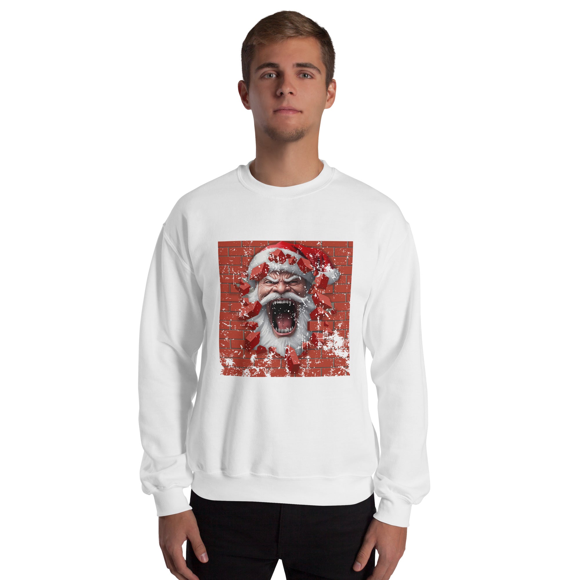 Angry Santa Is Breaking Through The Brick Wall Men's Sweatshirt Christmas Broken Brick Wall Santa Claus Lovers Xmas Men's Jumper