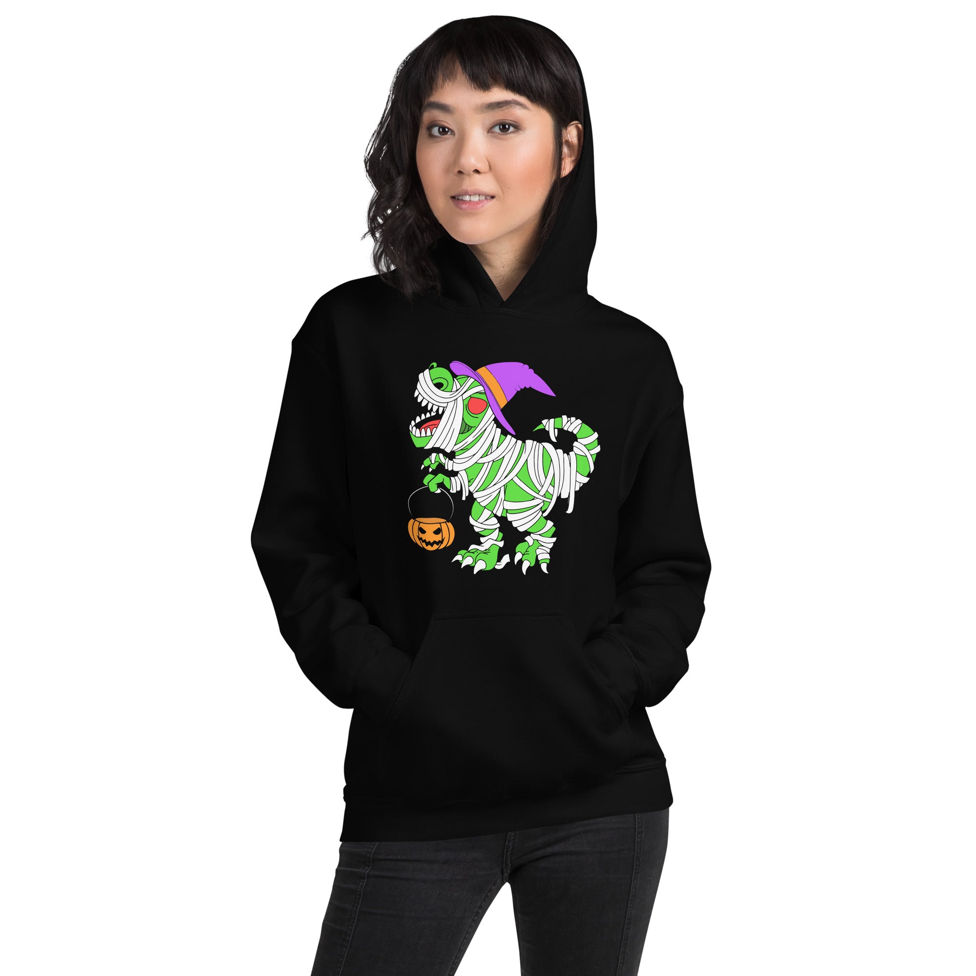 Halloween Mummy Dinosaur Holding Pumpkin Bucket Women's Hoodie