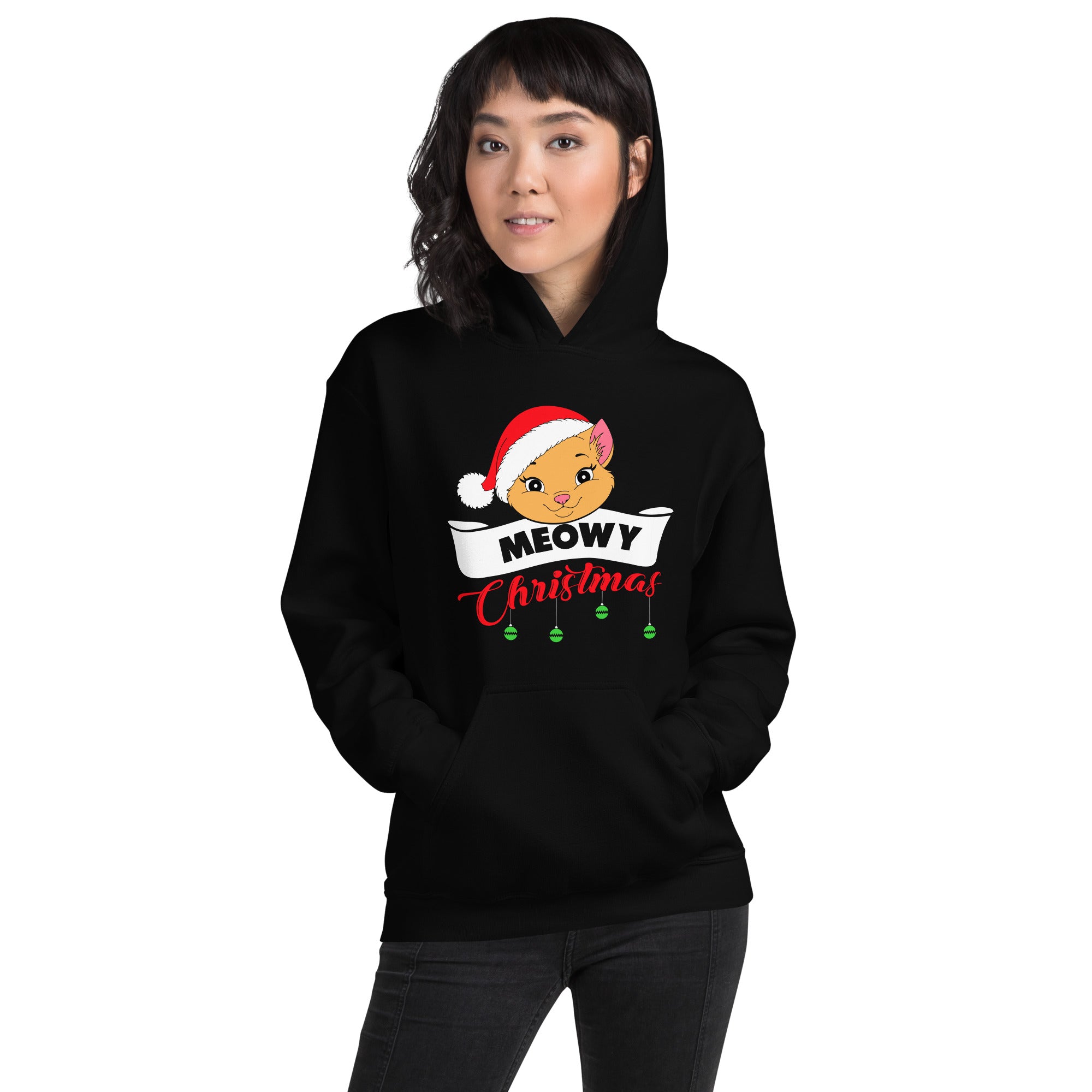 Meowy Christmas Cat Face With Santa Hat Funny Christmas Cat Lovers Xmas Festive Women's Hoodie