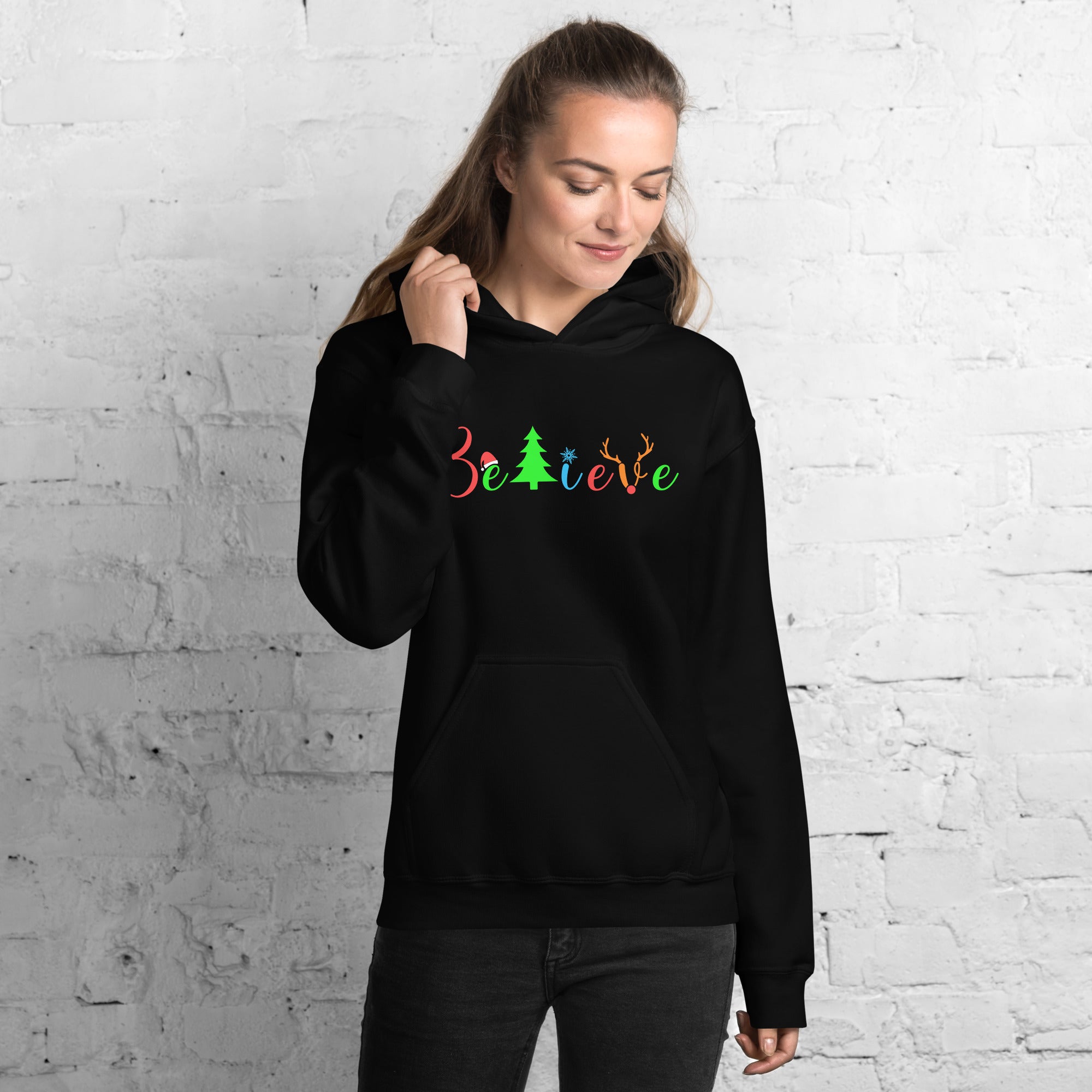 Believe Christmas Christian Believer Santa Hat Reindeer Horns Xmas Season Women's Hoodie