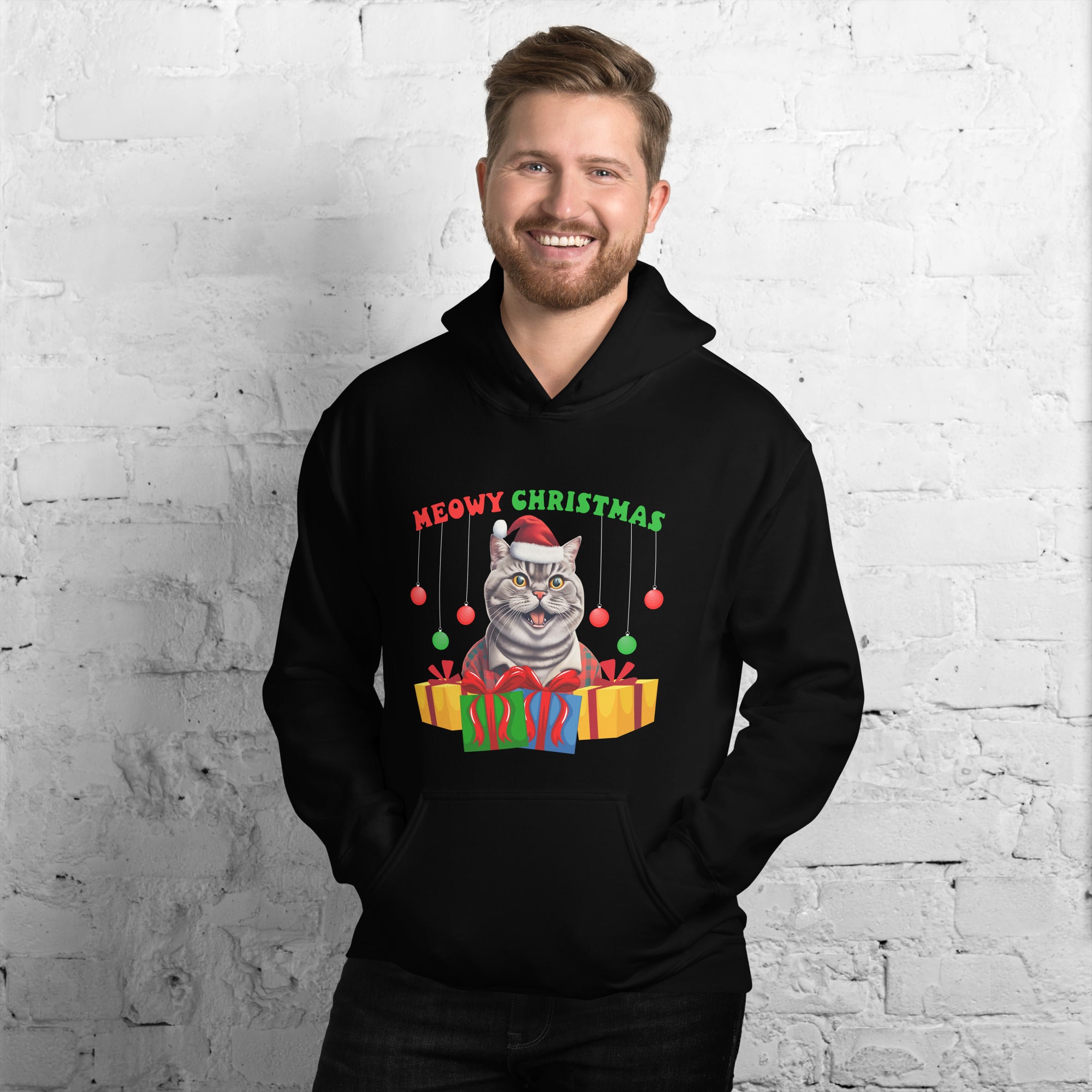 Meowy Christmas Men's Hoodie Christmas British Shorthair Cat With Santa Hat Holiday Animals Xmas Men's Hoodie